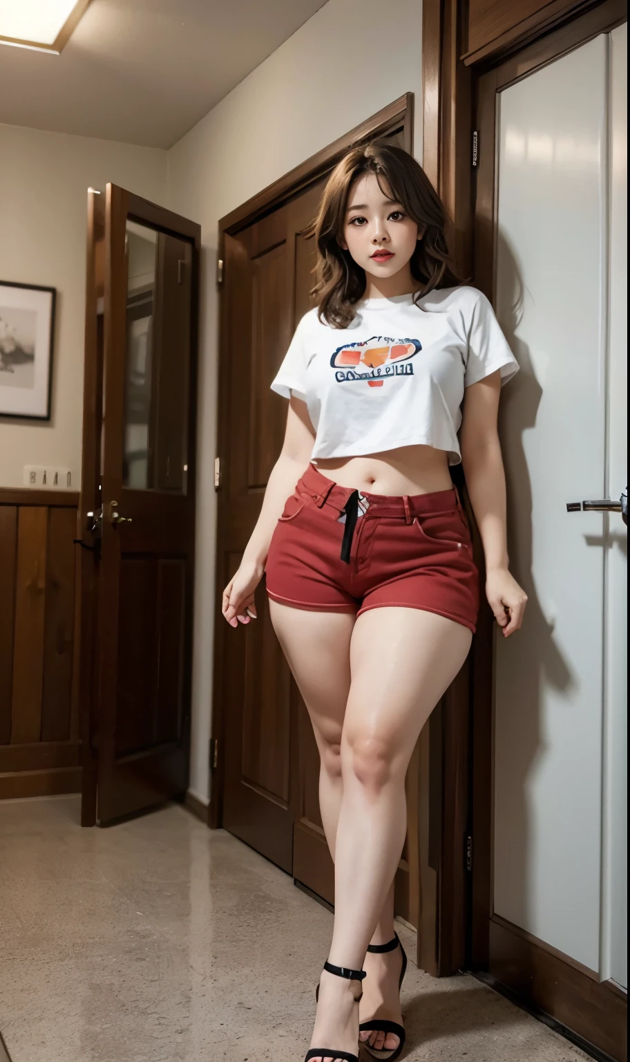 Chubby woman with fat belly and tight thighs, full body, 50-year-old mature woman, thick hips, thick neck, thick chest, big eyes, seductive , wearing t-shirts and thight short pants