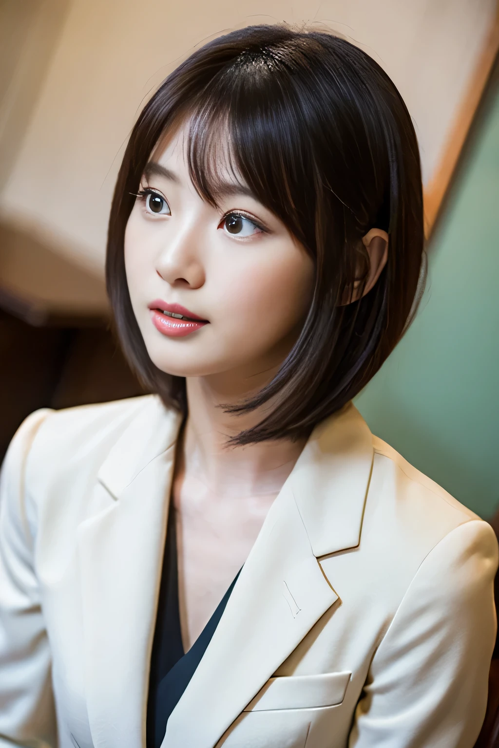 table top, highest quality, shape, Super detailed, finely, High resolution, 8k wallpaper, 完璧なダイナミックな構shape,Beautiful woman at 30 years old,sexy,Japanese、short cut hair、suit