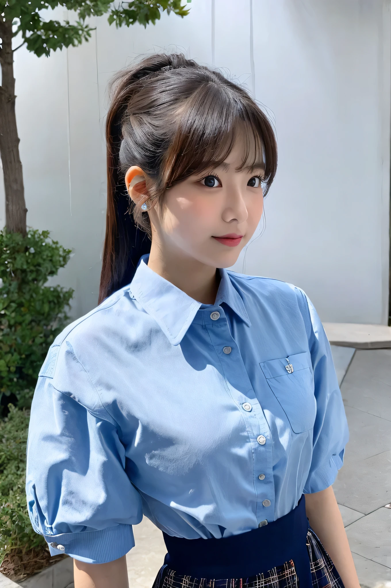 super mini skirt（Light blue plaid）20 year old high school girl wearing a white shirt.（ponytail hair）