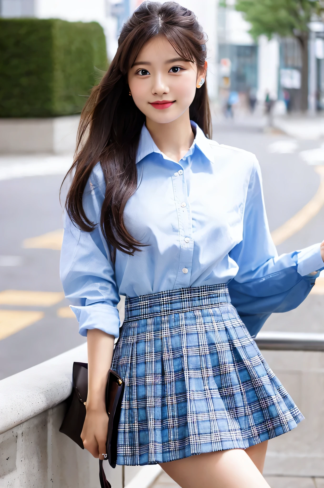 super mini skirt（Light blue plaid）20 year old high school girl wearing a white shirt.（ponytail hair）