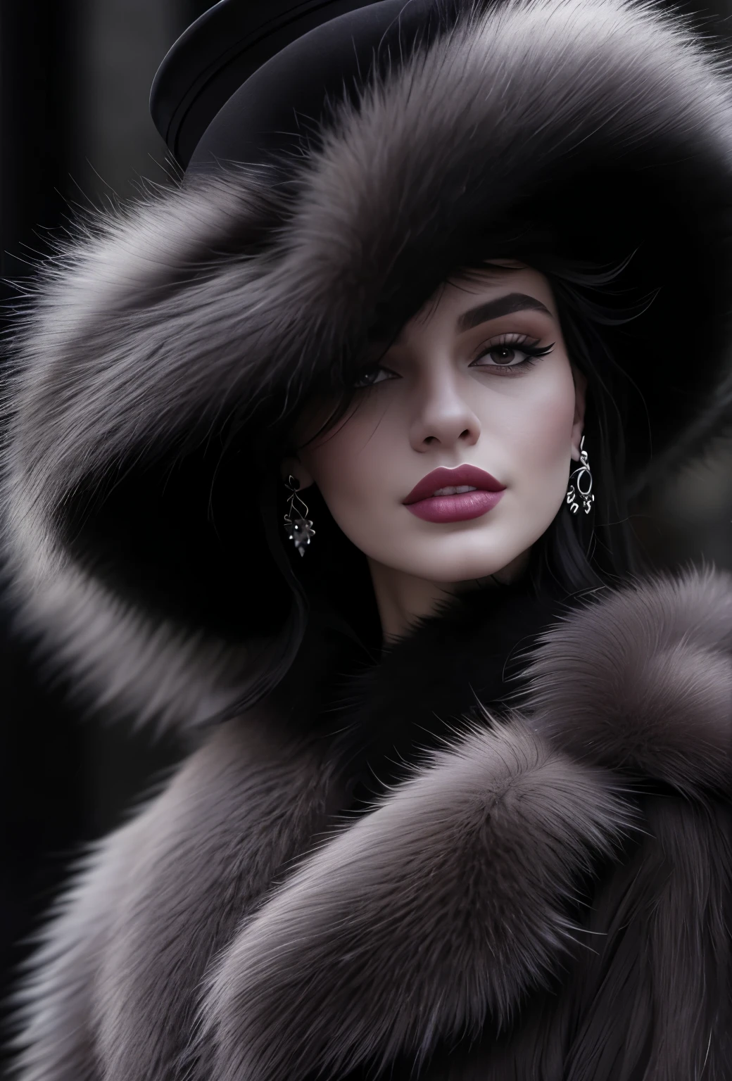 a close up of a woman wearing a black hat and earrings, sleek dark fur, black fur, Russian style, very beautiful fur, fine fur, Dasha Taran, dark fur, Fur details, top hat, Anastasia Ovchinnikova, black hat, synthetic fur, Elena Belova, wearing a top hat, Julia Gorokhova