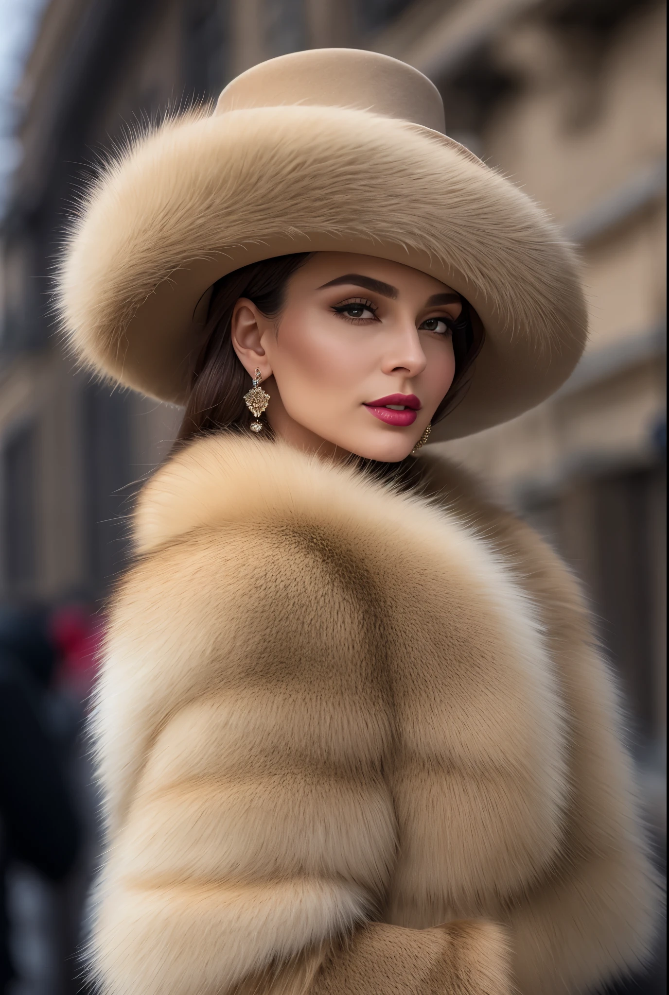 a close up of a woman wearing a beige hat and earrings, sleek dark fur, fur, Russian style, very beautiful fur, fine fur, Dasha Taran, dark fur, Fur details, top hat, Anastasia Ovchinnikova, beige hat, synthetic fur, Elena Belova, wearing a top hat, Julia Gorokhova