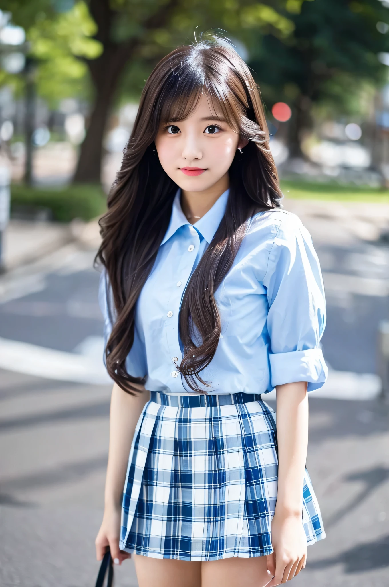 super mini skirt（Light blue plaid）20 year old high school girl wearing a white shirt.（medium long hair）