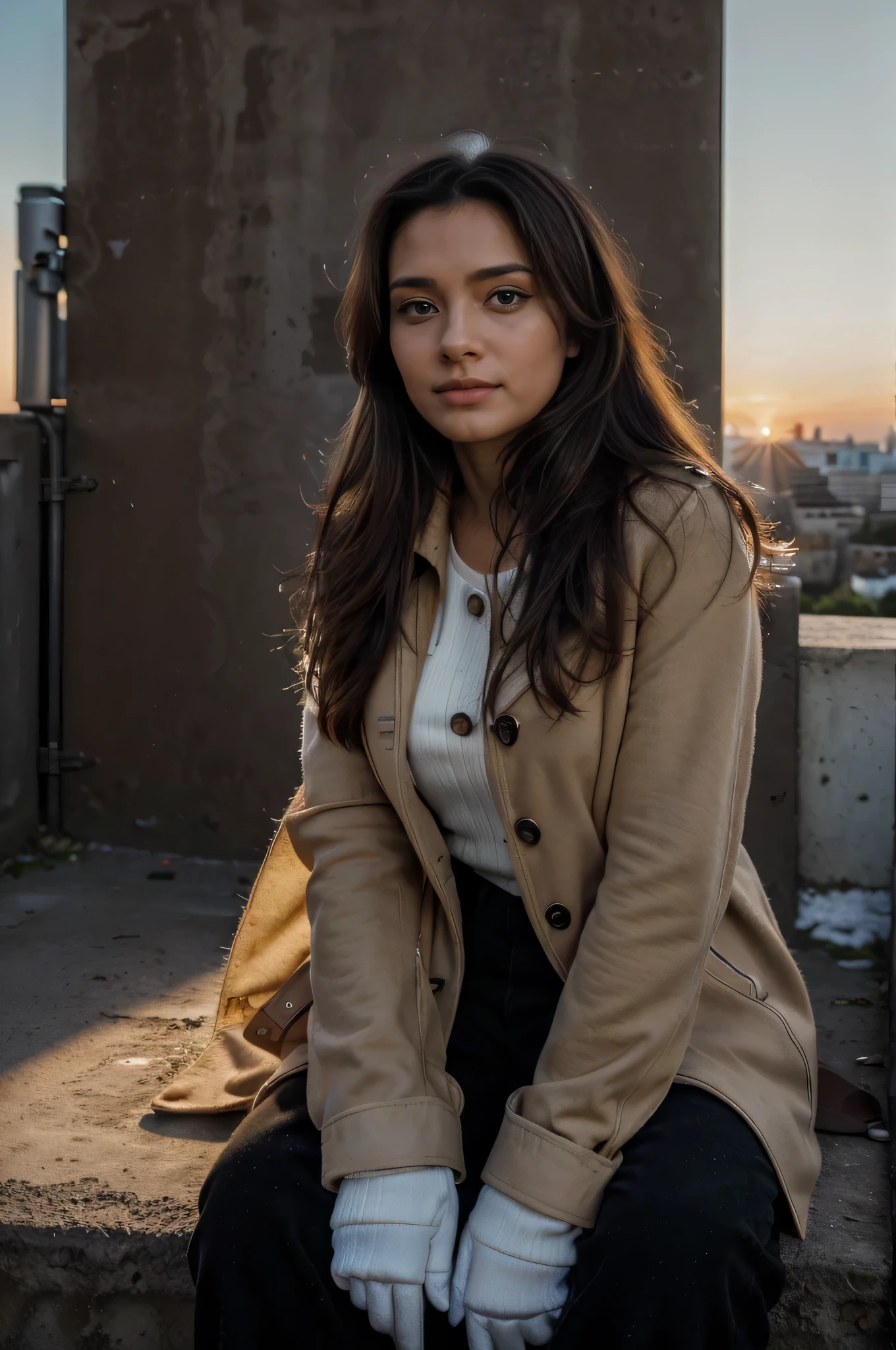 (medium quality, 1080 Megapixel, half resolution, half resolution:1.2), (Fachmann, Realist, fotorRealist:1.37), latina frau,Blick in den Sonnenaufgang, (entspannt, ruhig, Friedlich,heiter), Sonnenuntergang, no visible hands, Hintergrund Paris roter Wintermantel, Sitzt an einer Wand, Lange schwarze Hose,Winterhandschuhe
