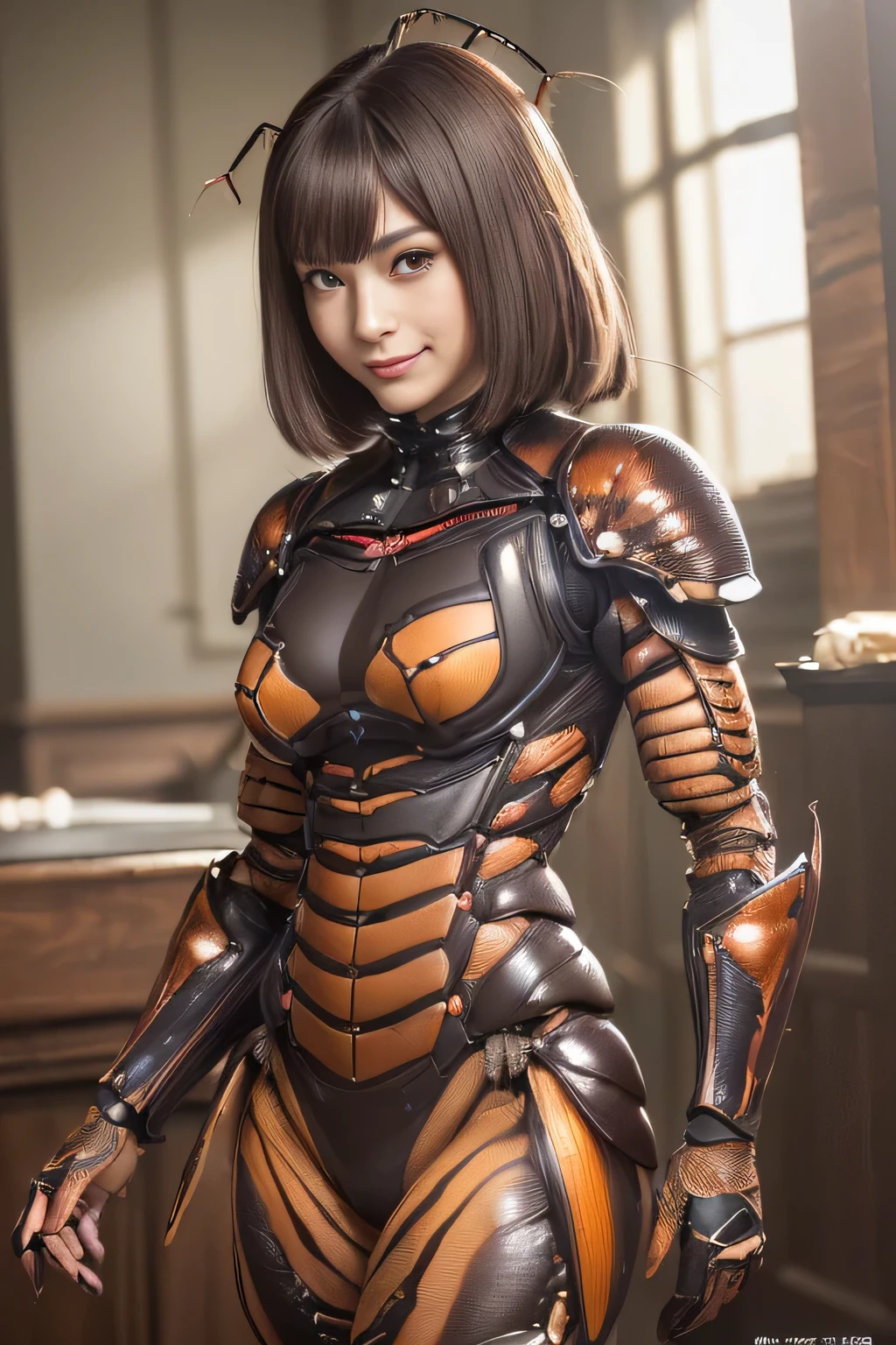 (High resolution,masterpiece,highest quality,Very detailed CG, anime, official art:1.4), realistic, photograph, amazing detail, all complicated, luster and luster,great many layers, 8k wallpaper, 3D, sketch, cute, figure,( alone:1.4), perfect female proportions,villain's daughter, (Fusion of dark brown cockroach and lady:1.4), (brown cockroach form lady:1.2), (brown cockroach woman:1.2), (Fusion:1.2), (alone:1.4), (evil smile:1.2), muscular, abs, (Cockroach brown exoskeleton bio insect suit:1.4), (Cockroach brown exoskeleton bio insect armor:1.2), (brown transparent cockroach feathers:1.4), (brown cockroach antenna:1.3)