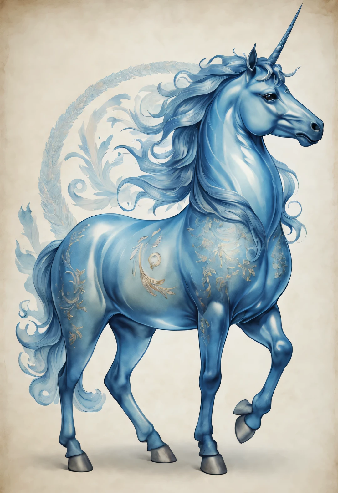 Ancient Greek style, a huge translucent blue unicorn body blends into the zodiac graphics,portrait, Beautiful detailed
