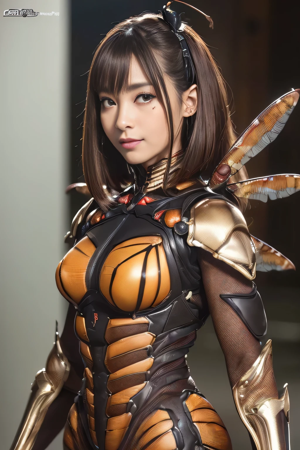 (High resolution,masterpiece,highest quality,Very detailed CG, anime, official art:1.4), realistic, photograph, amazing detail, all complicated, luster and luster,great many layers, 8k wallpaper, 3D, sketch, cute, figure,( alone:1.4), perfect female proportions,villain's daughter, (Fusion of dark brown cockroach and lady:1.4), (brown cockroach form lady:1.2), (brown cockroach woman:1.2), (Fusion:1.2), (alone:1.4), (evil smile:1.2), muscular, abs, (Cockroach brown exoskeleton bio insect suit:1.4), (Cockroach brown exoskeleton bio insect armor:1.2), (brown transparent cockroach feathers:1.4), (brown cockroach antenna:1.3)
