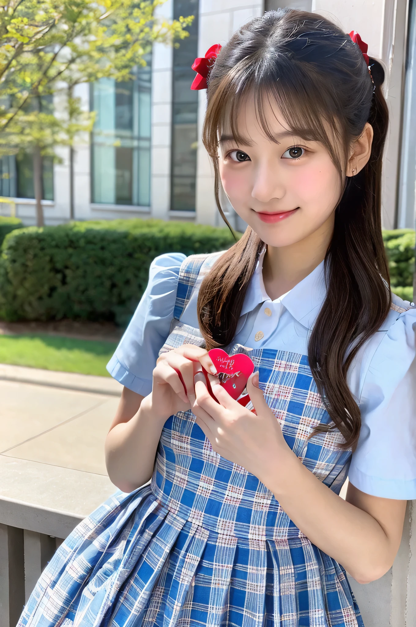Hold Valentine's Day's day chocolate in both hands、high school girl, 18-year-old, She is wearing a light blue plaid miniskirt and a white dress shirt..