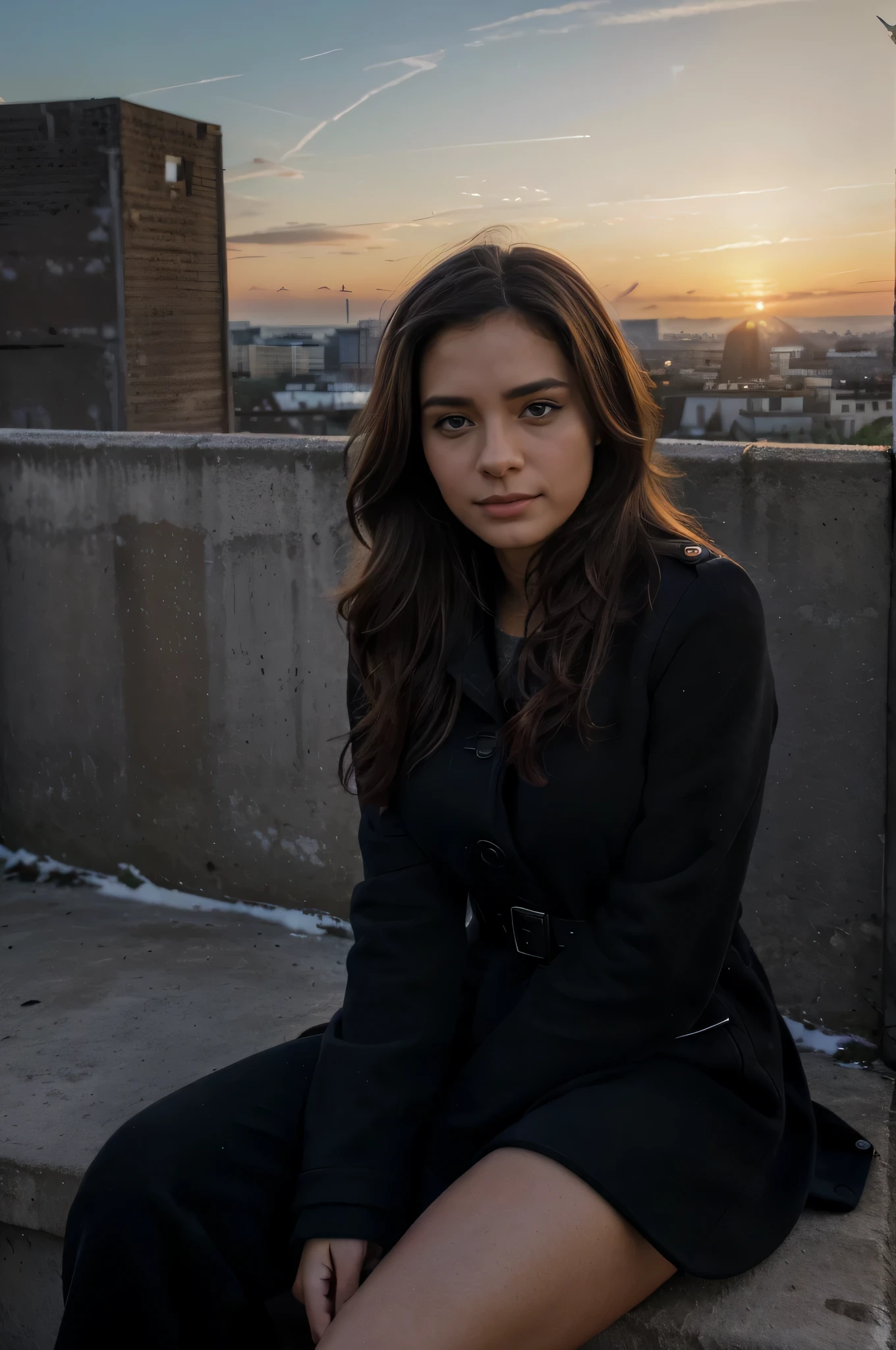 (medium quality, 1080 Megapixel, half resolution, half resolution:1.2), (Fachmann, Realist, fotorRealist:1.37), latina frau,Blick in den Sonnenaufgang, (entspannt, ruhig, Friedlich,heiter), Sonnenuntergang, no visible hands, Hintergrund Paris roter Wintermantel, Sitzt an einer Wand, Lange schwarze Hose,Winterhandschuhe
