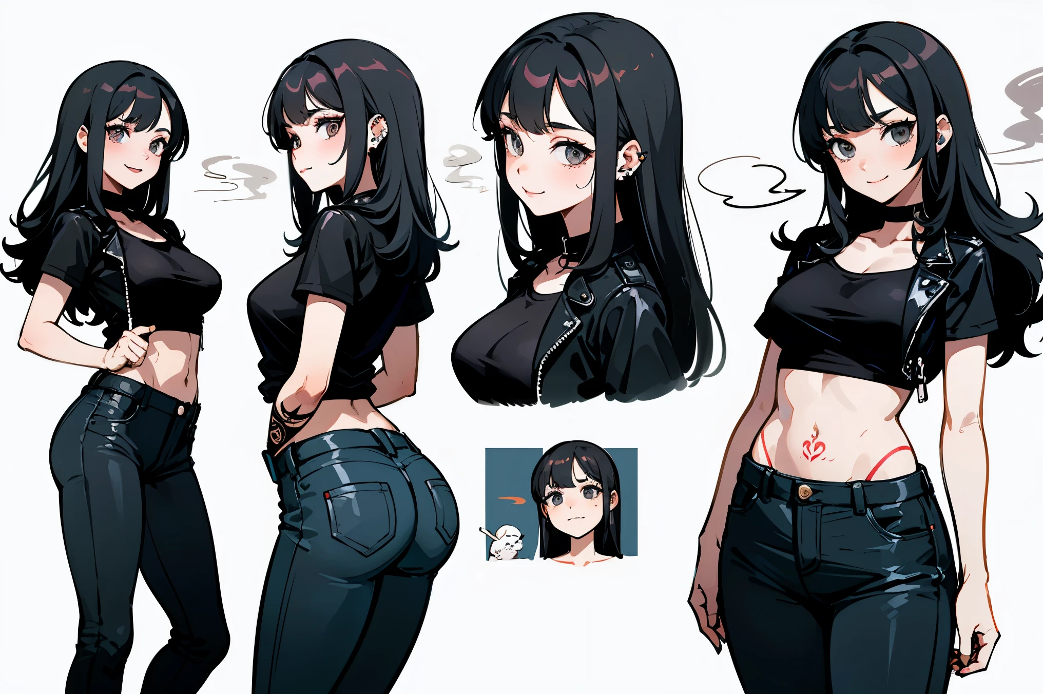 top quality, Detailed face, Character Sheet,(((Young woman:1.5))), ((whole body:1.2)), Full of details, Multiple postures and facial expressions, very detailed, Depth, 1 Young woman, without bangs, (black long hair, Gray sexy eyes, Straight hair, Black T-shirt and Leather Jacket looks, medium breasts, High neckline, strap, tattoos, piercing, Skinny black jeans, White running shoes, Rocker style, sexy smile and pose,Discolored skin, smokes a cigarette