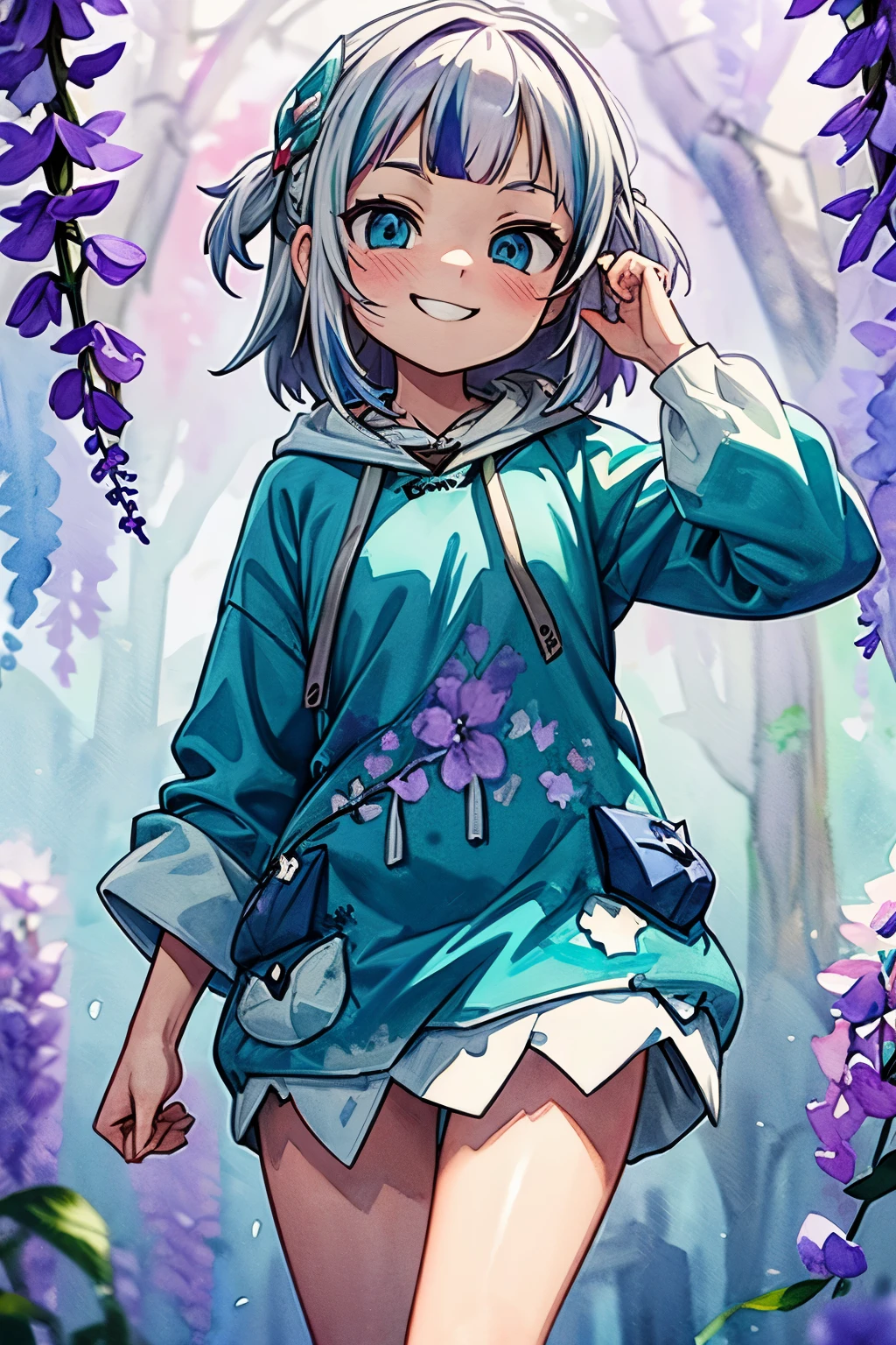((Gawr gura)),((Masterpiece)), ((best quality)), (super detailed), (Professional Photography), (Photorealsitic:1.3), cute age , (pale skin), (Blue hoodie, long hoodile), (walking), (interlocked fingers), pale thighs, (phantom), healthy whole body, ((Smug and grinning face)), pale purple hair, 1girl, solo, ((aqua eyes)), beautiful detailed eyes, detailed face, perfect anatomy, (in purple wisteria flowers),(Watercolor Background:1.3),
