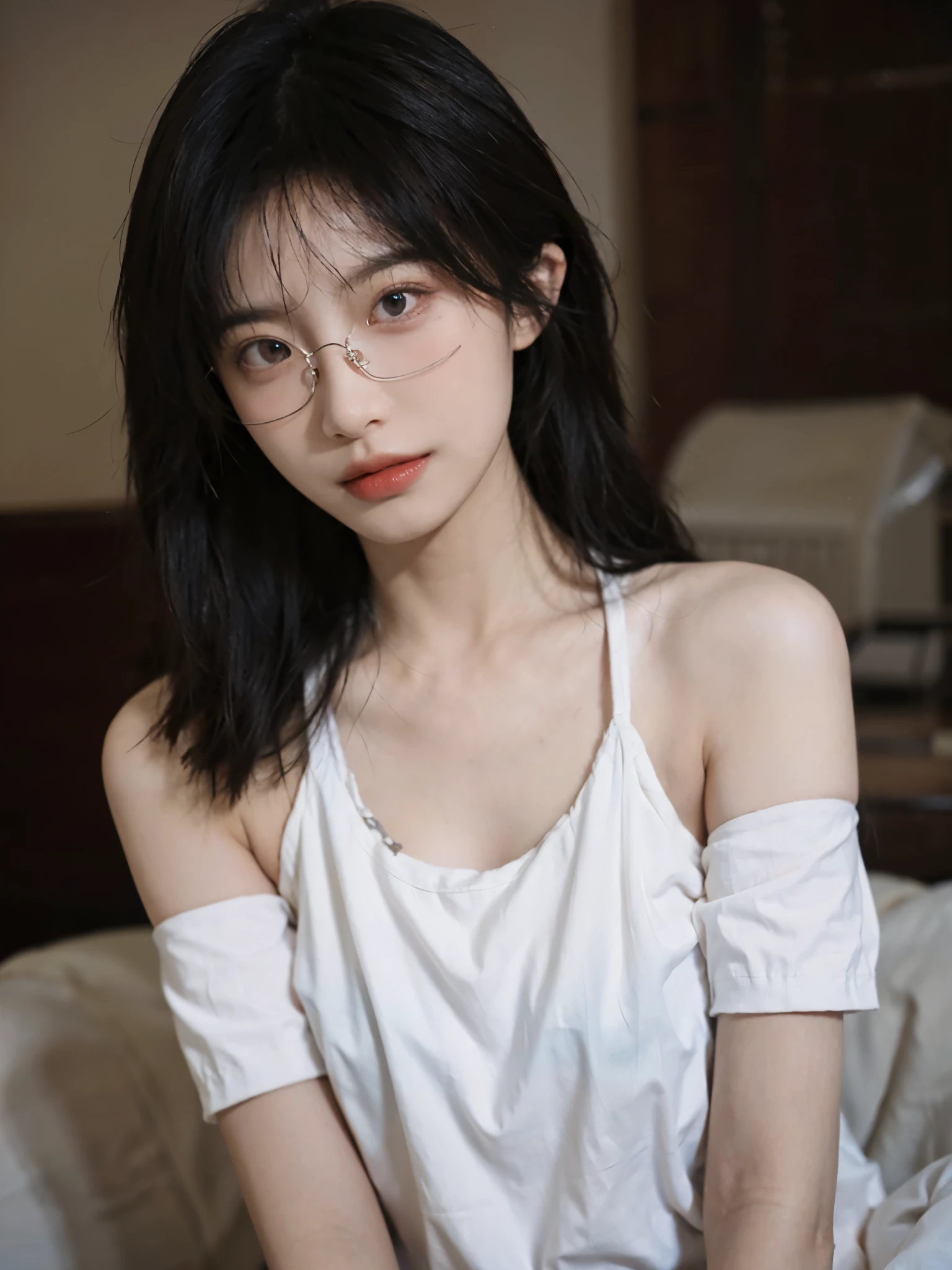 Film portrait photography, 1 girl, bare shoulders,lipstick,(flat chest:1.4), Shoulder length wavy hair, Wear high-end glasses,White short sleeves,serene, calm, (Realistic and detailed eyes, natural skin texture, Realistic facial details), Soft dramatic lighting, depth of field, Bokeh, Vibrant details, detailed meticulous, hyper-realistic, 35mm film, hazy, ,