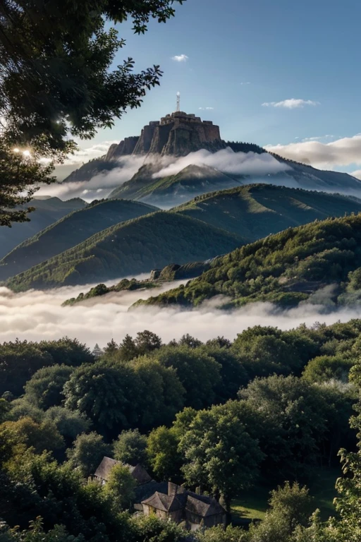 Une vue majestueuse d'une chaîne de montagnes enneigées se dressant fièrement contre le ciel azur. Des sommets escarpés et imposants se perdent dans les nuages, tandis que des sapins vert émeraude parsèment les pentes abruptes. Le soleil du matin projette des reflets dorés sur les crêtes enneigées, créant un spectacle époustouflant de lumière et d'ombre. Au loin, un ruisseau cristallin serpente entre les vallées verdoyantes, ajoutant une touche de fraîcheur à ce paysage montagneux majestueux.