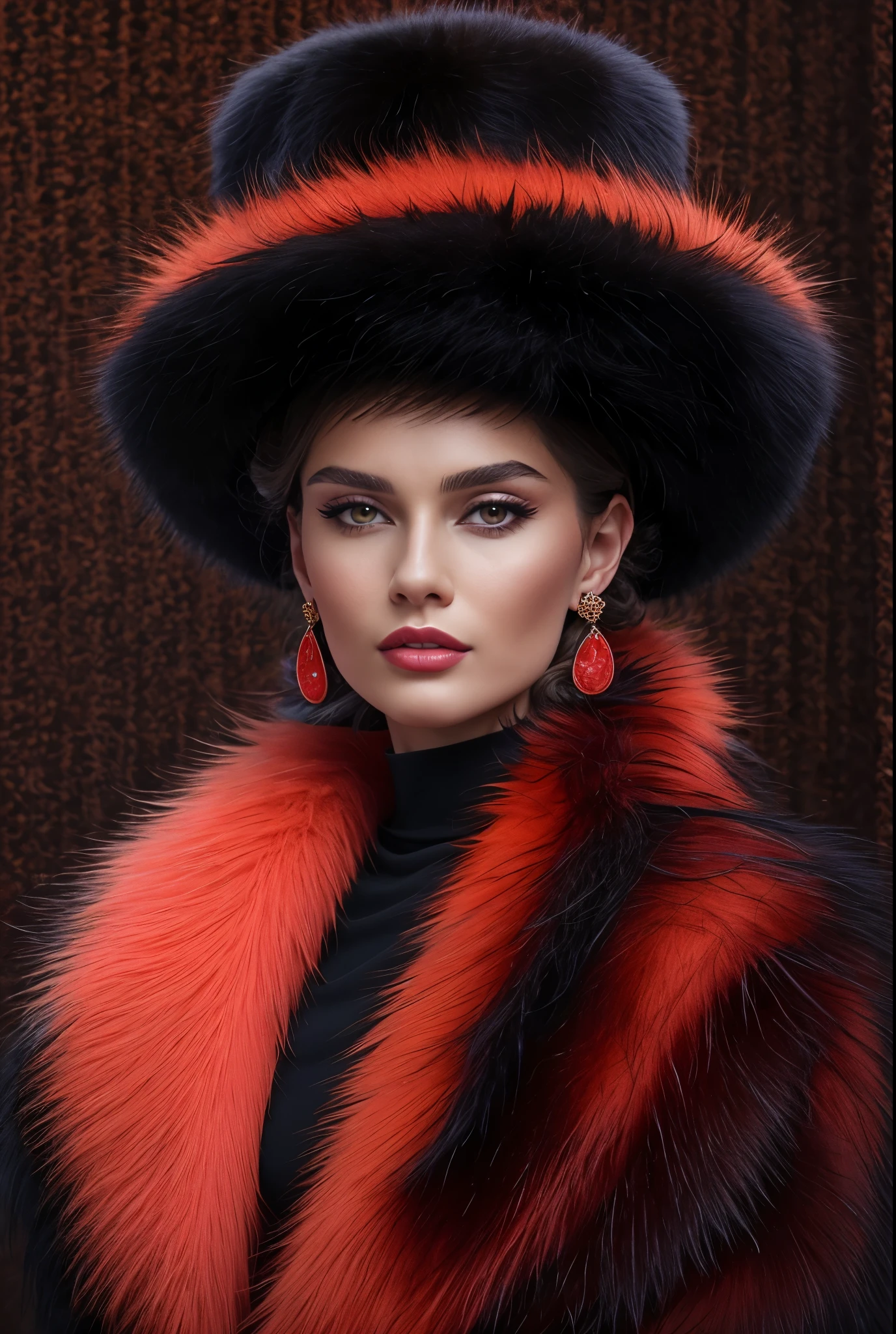 Coral hat and earrings, sleek dark fur, Coral fur, Russian style, very beautiful fur, fine fur, Dasha Taran, dark fur, Fur details, top hat, Anastasia Ovchinnikova,Coral hat, synthetic fur, Elena Belova, wearing a top hat, Julia Gorokhova