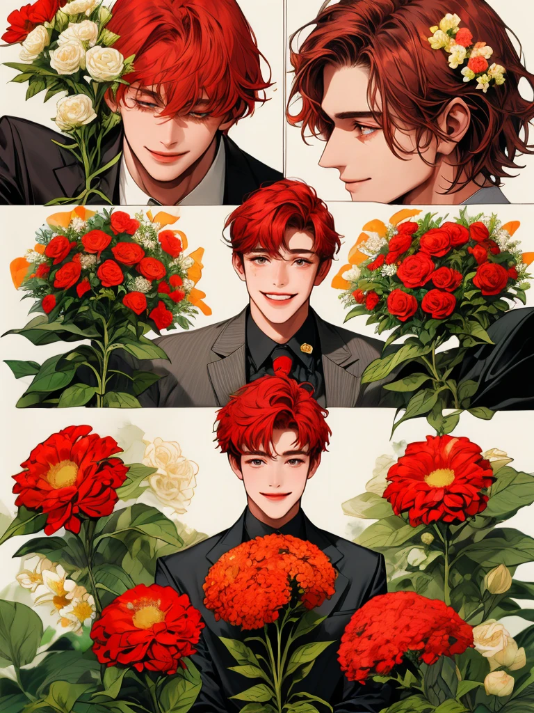 masterpiece, collage of a man holding flowers, short red hair, smile, colorful flowers