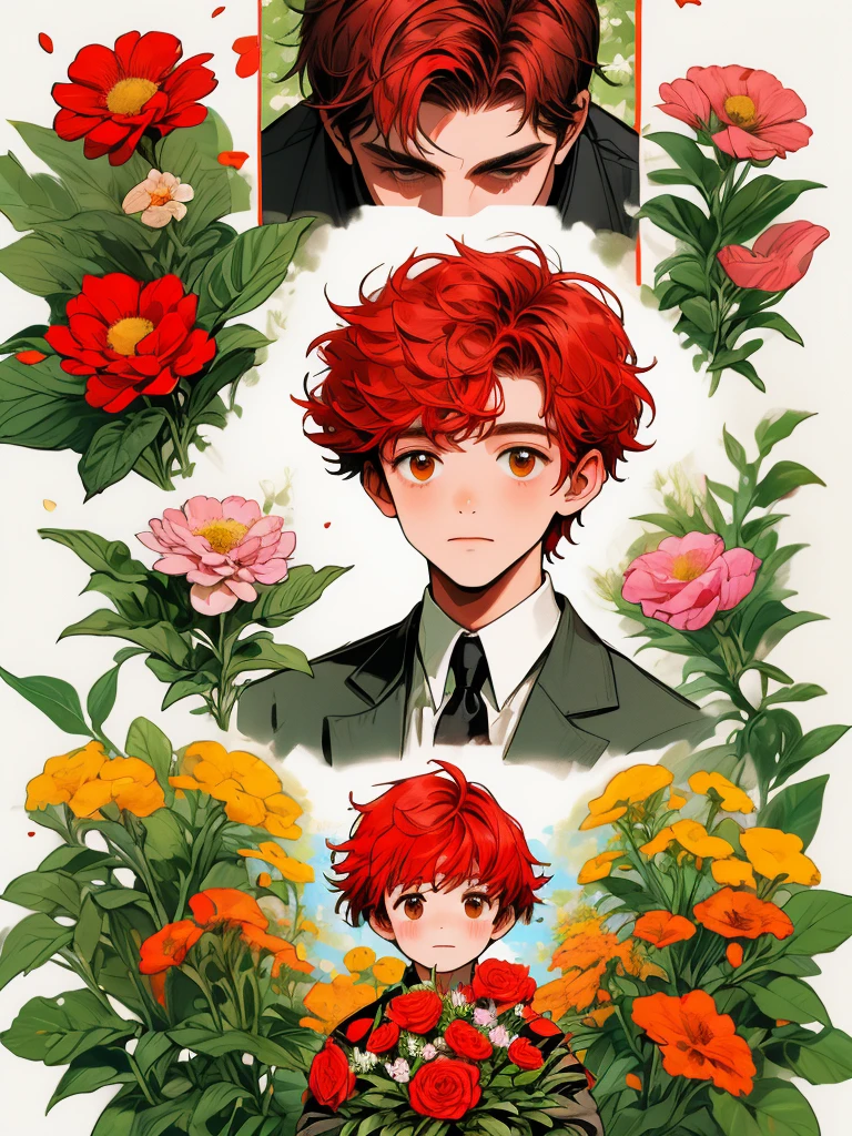 masterpiece, collage of ********** holding flowers, short red hair, colorful flowers