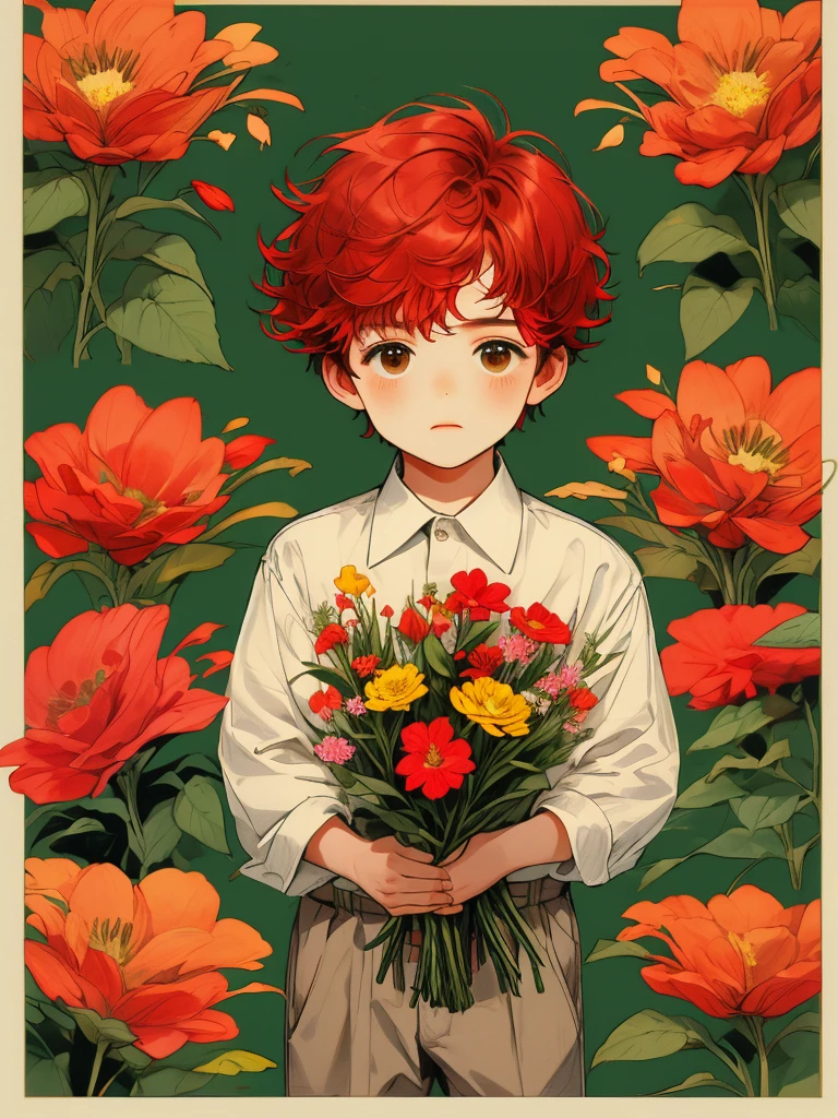 masterpiece, collage of little boy holding flowers, short red hair, colorful flowers