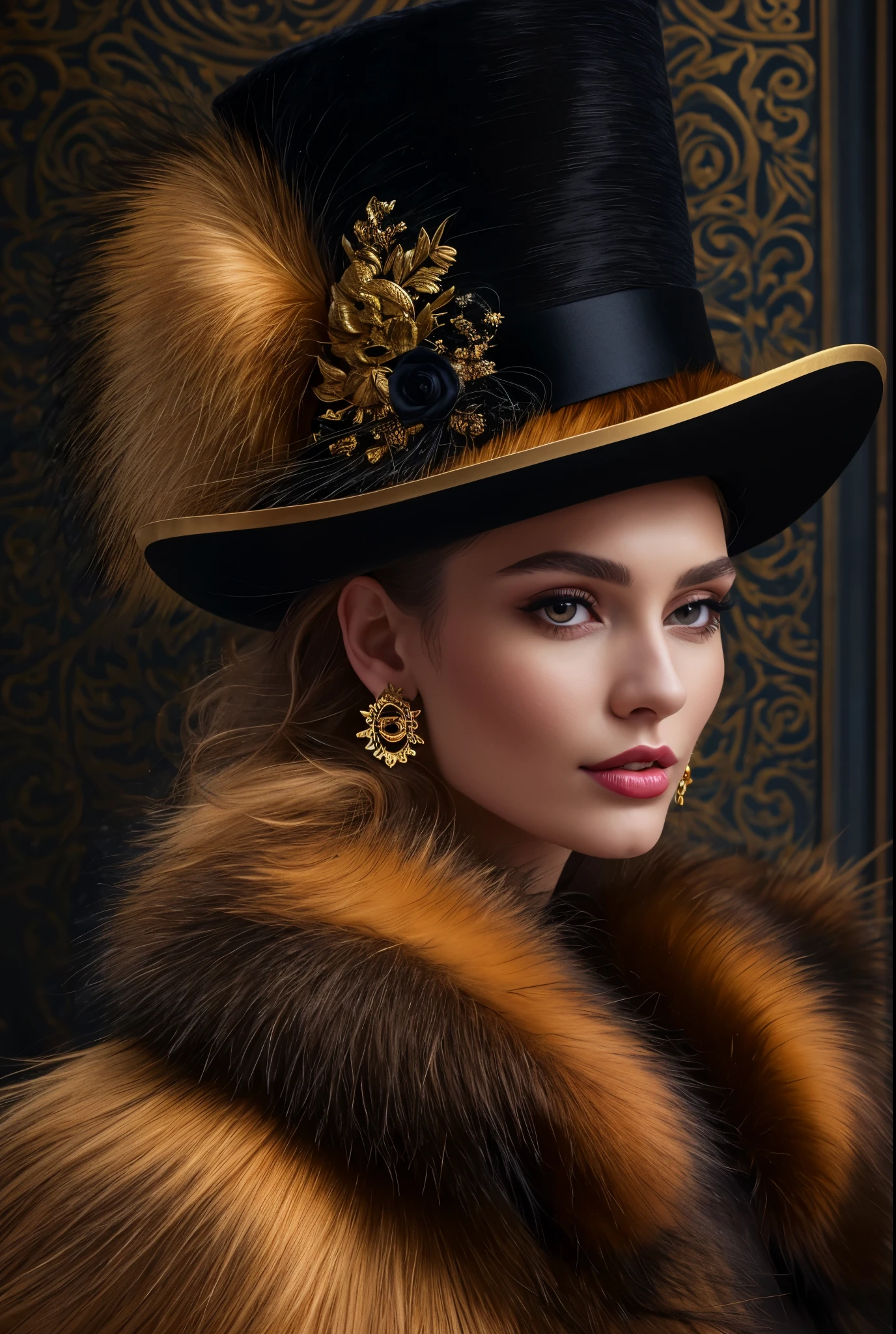 Gold hat and earrings, sleek dark fur, Gold fur, Russian style, very beautiful fur, fine fur, Dasha Taran, dark fur, Fur details, top hat, Anastasia Ovchinnikova,Gold hat, synthetic fur, Elena Belova, wearing a top hat, Julia Gorokhova