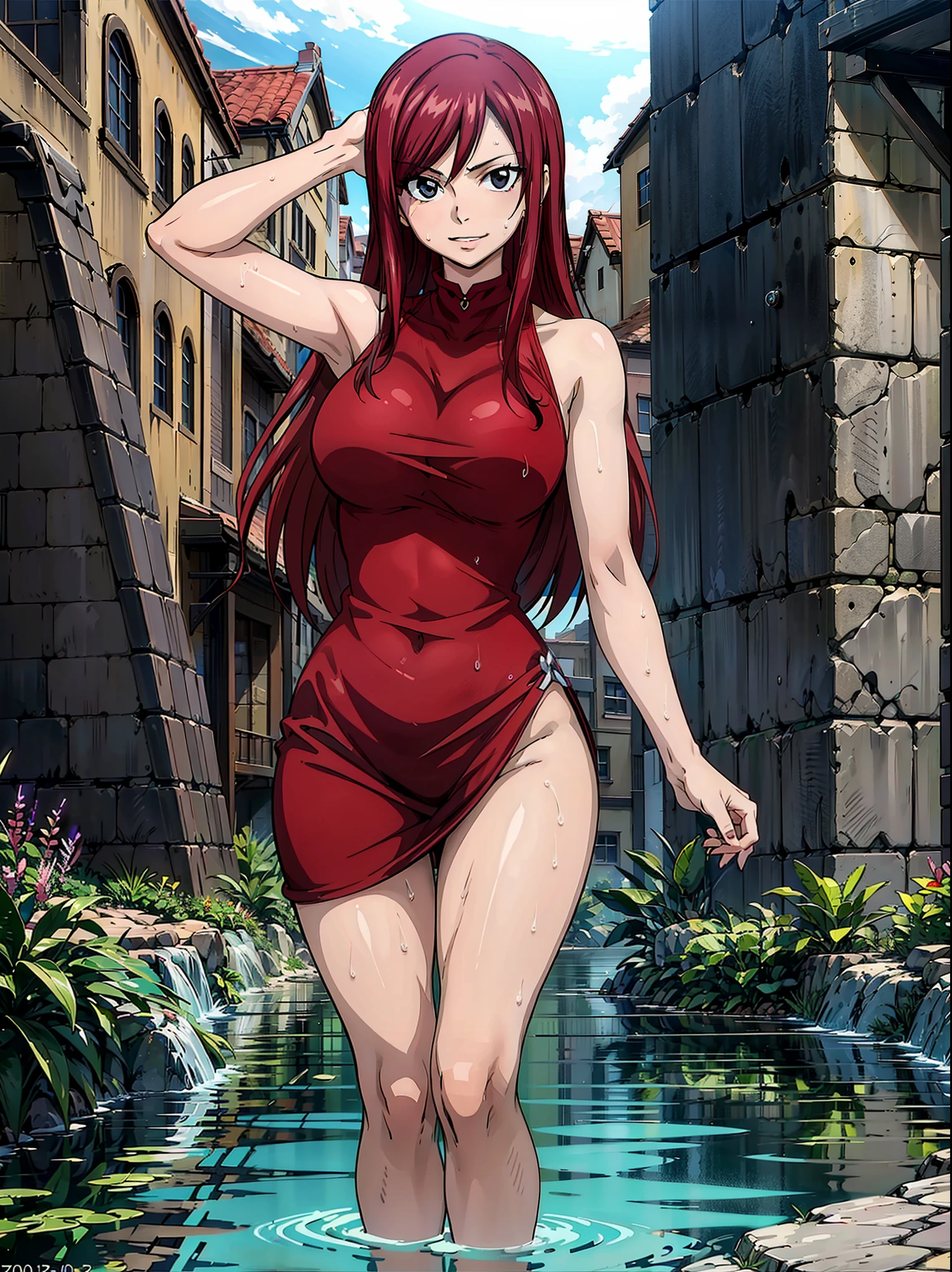 uzumaki_Kushina, Red dress, red hair, large breasts, hands on breast, pawg, hiquality, BEAUTIFUL POSE, time, drip, Coachella, Florida, stream, F4
The Perfect Face, symmetric eyes, the perfect body, highly detailed skin, 独奏, full - body, standing straight, looking forward, pyramid, wide hips, an oasis, looking a viewer, viewpoint, Smile, Happy, Professional photography, 8K, RAW photo, Best Quality, Masterpiece, photo-realistic, Highly detailed, Cinematic lighting, sharp-focus, dslr, High Resolution, Photorealistic, wet skin, Water Kapaya, sparkly skin,