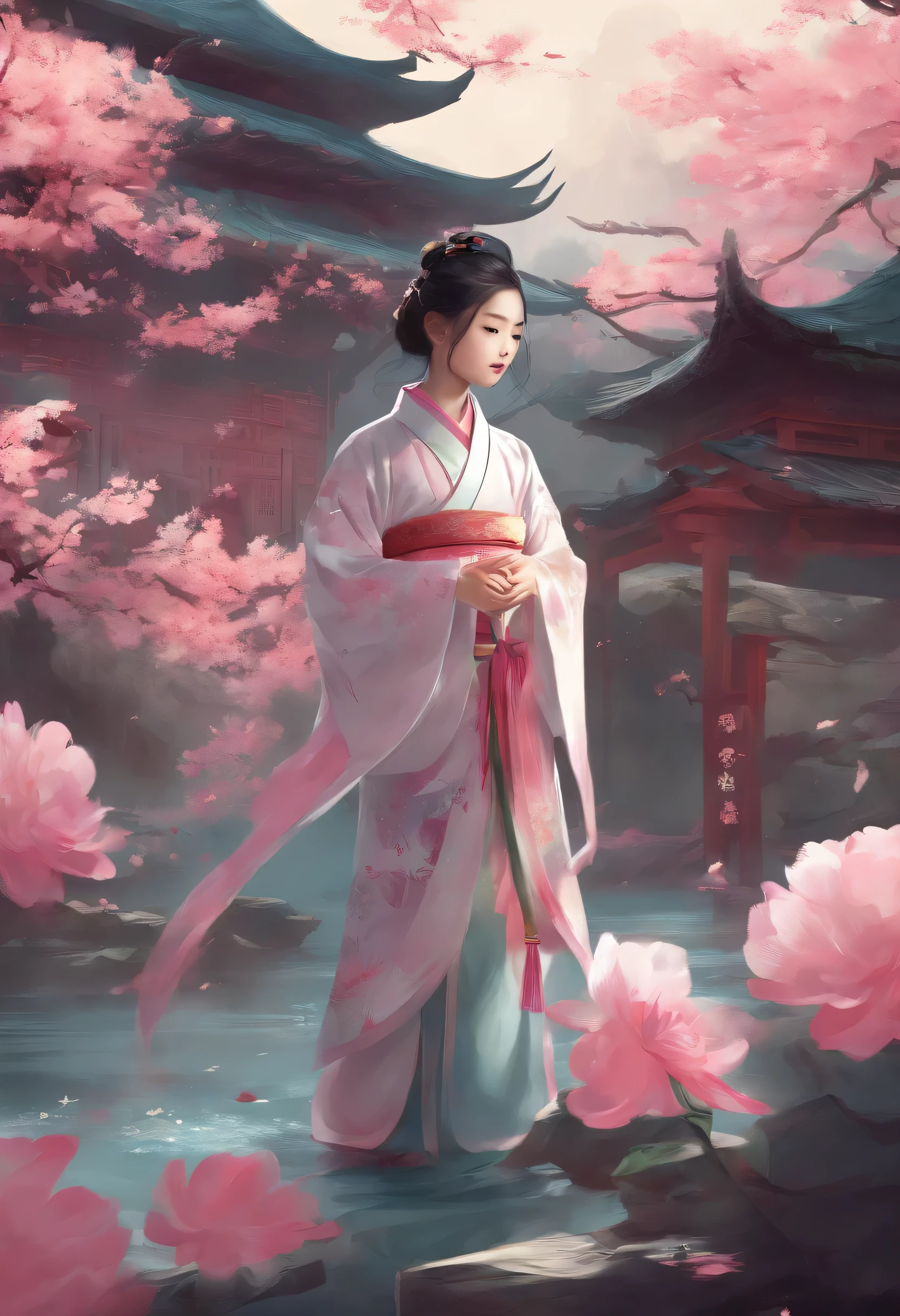 A cute 8-year-old Chinese girl，Wear traditional Hanfu，Be entangled by a lifelike pink Chinese dragon。Girl standing in a photography style scene that combines traditional and modern elements，The background is decorated with Chinese style elements，small bridge like flowing water、Blooming peonies and classical pavilions。This photo presents a surreal dreamlike beauty，Integrating Chinese classical aesthetics and contemporary visual art。The little girl looks elegant and confident，Her eyes revealed wisdom and depth，Create a charming cultural and artistic atmosphere。