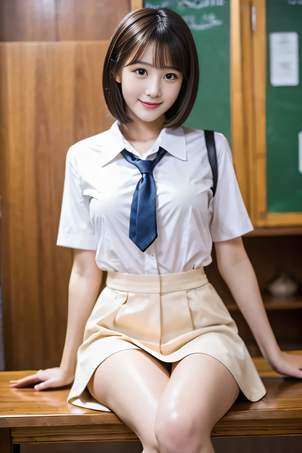 table top, highest quality, shape, Super detailed, finely, High resolution, 8k wallpaper, 完璧なダイナミックな構shape,Beautiful woman at 30 years old,sexy,Japanese、short cut hair、school uniform、thighs