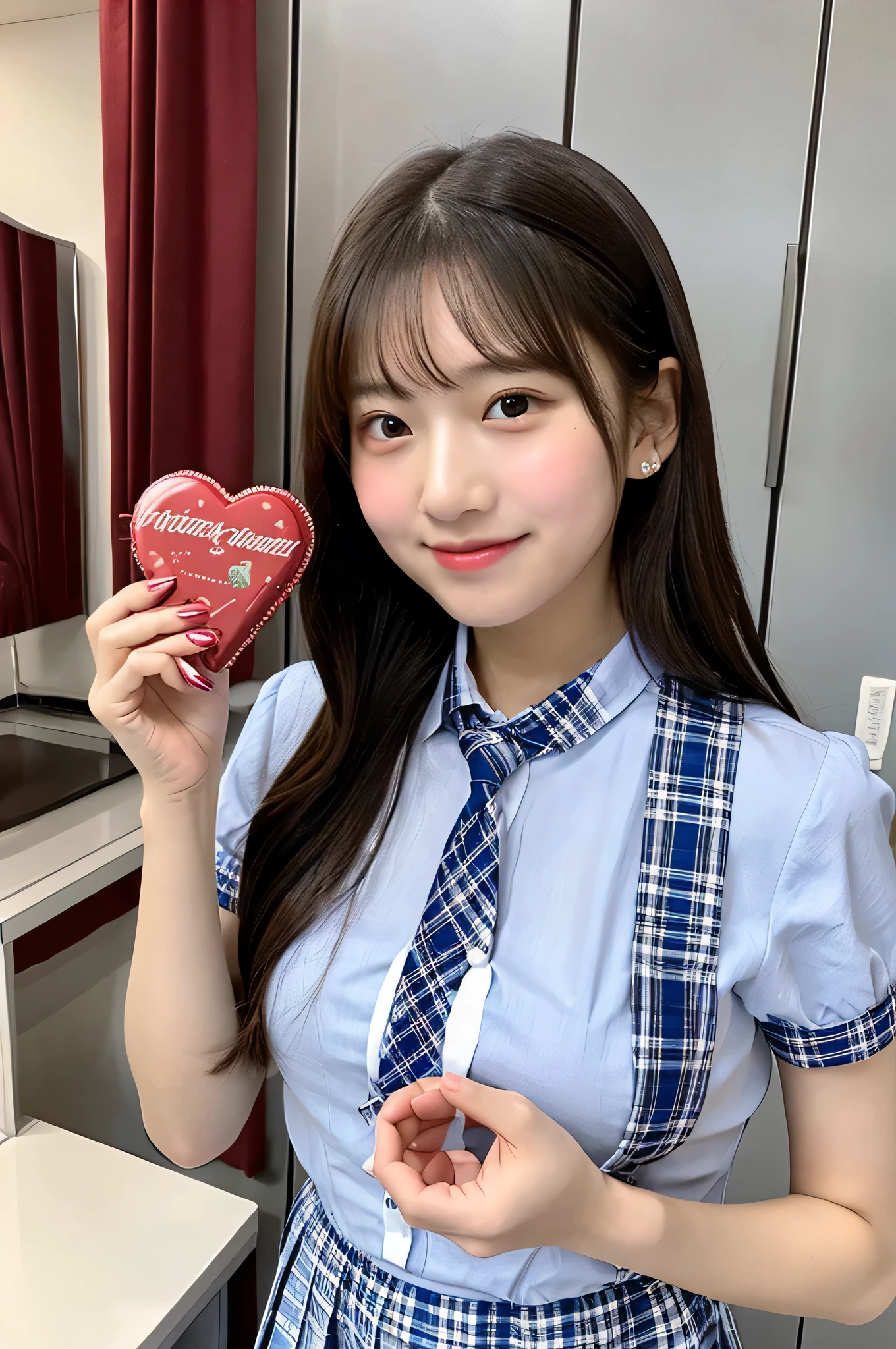 Hold Valentine&#39;s Day&#39;s day chocolate in both hands、high school girl, 18-year-old, She is wearing a light blue plaid miniskirt and a white dress shirt..