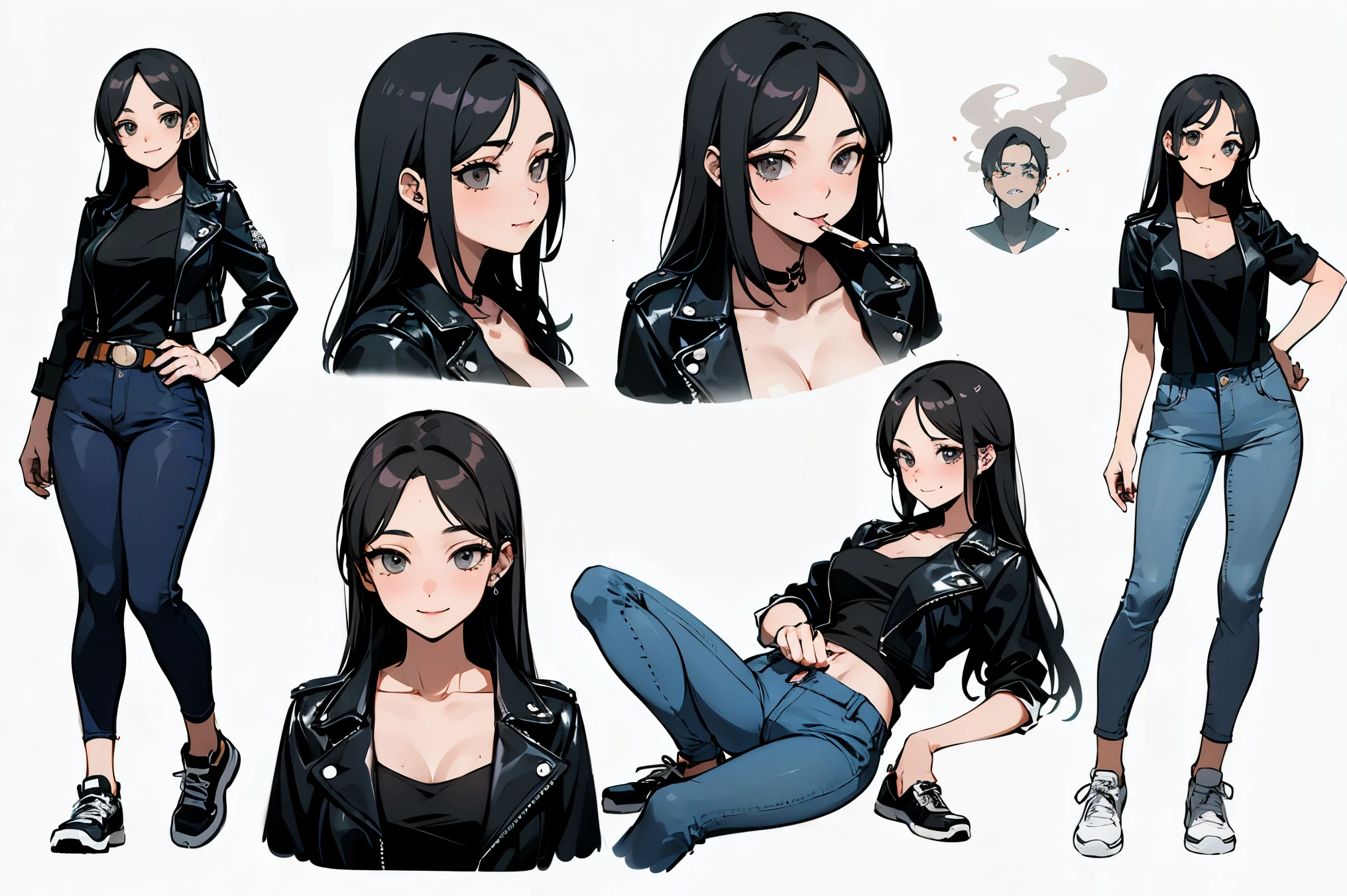 top quality, Detailed face, Character Sheet,(((Young woman:1.5))), ((whole body:1.2)), Full of details, Multiple postures and facial expressions, very detailed, Depth, ****ung woman, without bangs, (black long hair, Gray sexy eyes, Straight hair, Black T-shirt and Leather Jacket looks, medium breasts, High neckline, strap, tattoos, piercing, Skinny black jeans, White running shoes, Rocker style, sexy smile and pose,Discolored skin, smokes a cigarette