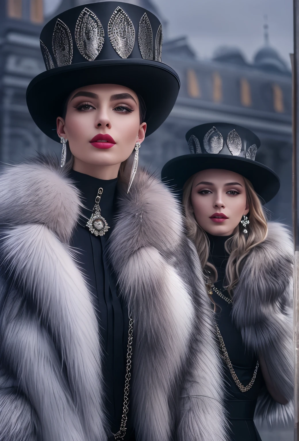 Silver hat and earrings, sleek dark fur, Silver fur, Russian style, very beautiful fur, fine fur, Dasha Taran, dark fur, Fur details, top hat, Anastasia Ovchinnikova,Silver hat, synthetic fur, Elena Belova, wearing a top hat, Julia Gorokhova