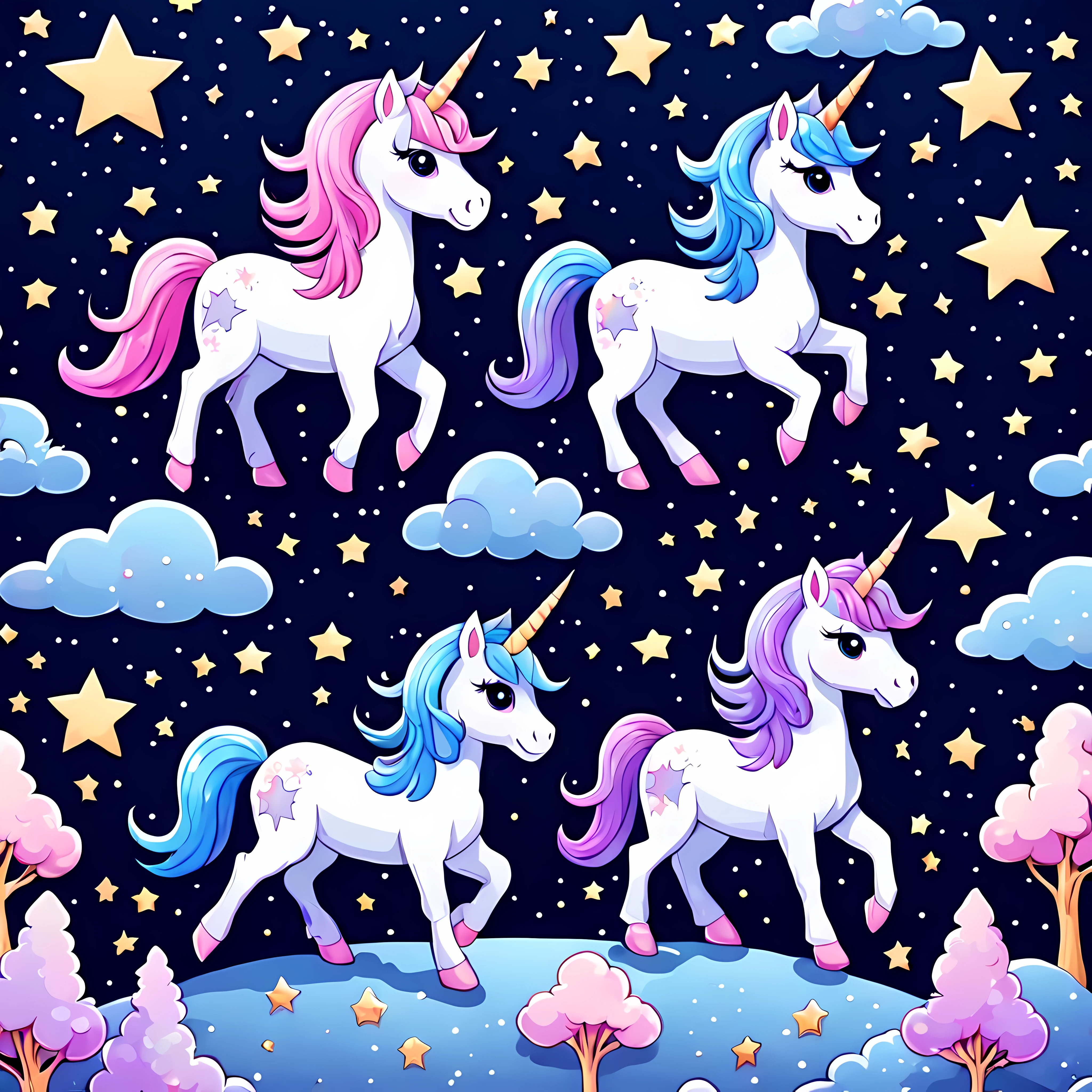 (Cute cartoon style:1.4), masterpiece in maximum 16K resolution, a love couple of majestic fantasy unicorns standing on a grassy hill. | Mystical starry sky. | A single huge neon heart above the unicorns. | ((More_Detail))
