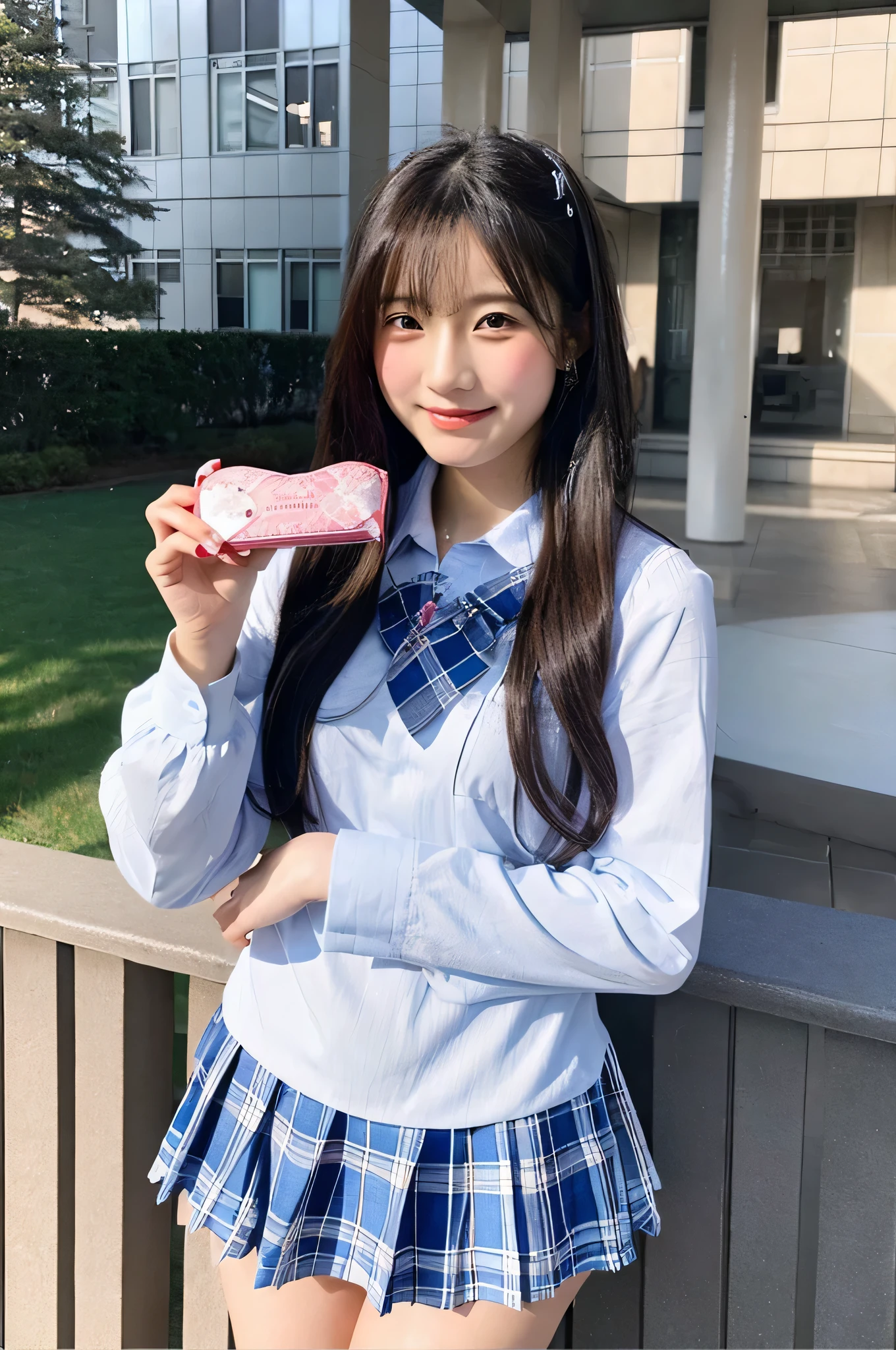 Hold Valentine's Day's day chocolate in both hands、high school girl, 18-year-old, She is wearing a light blue plaid miniskirt and a white dress shirt..(long black hair)