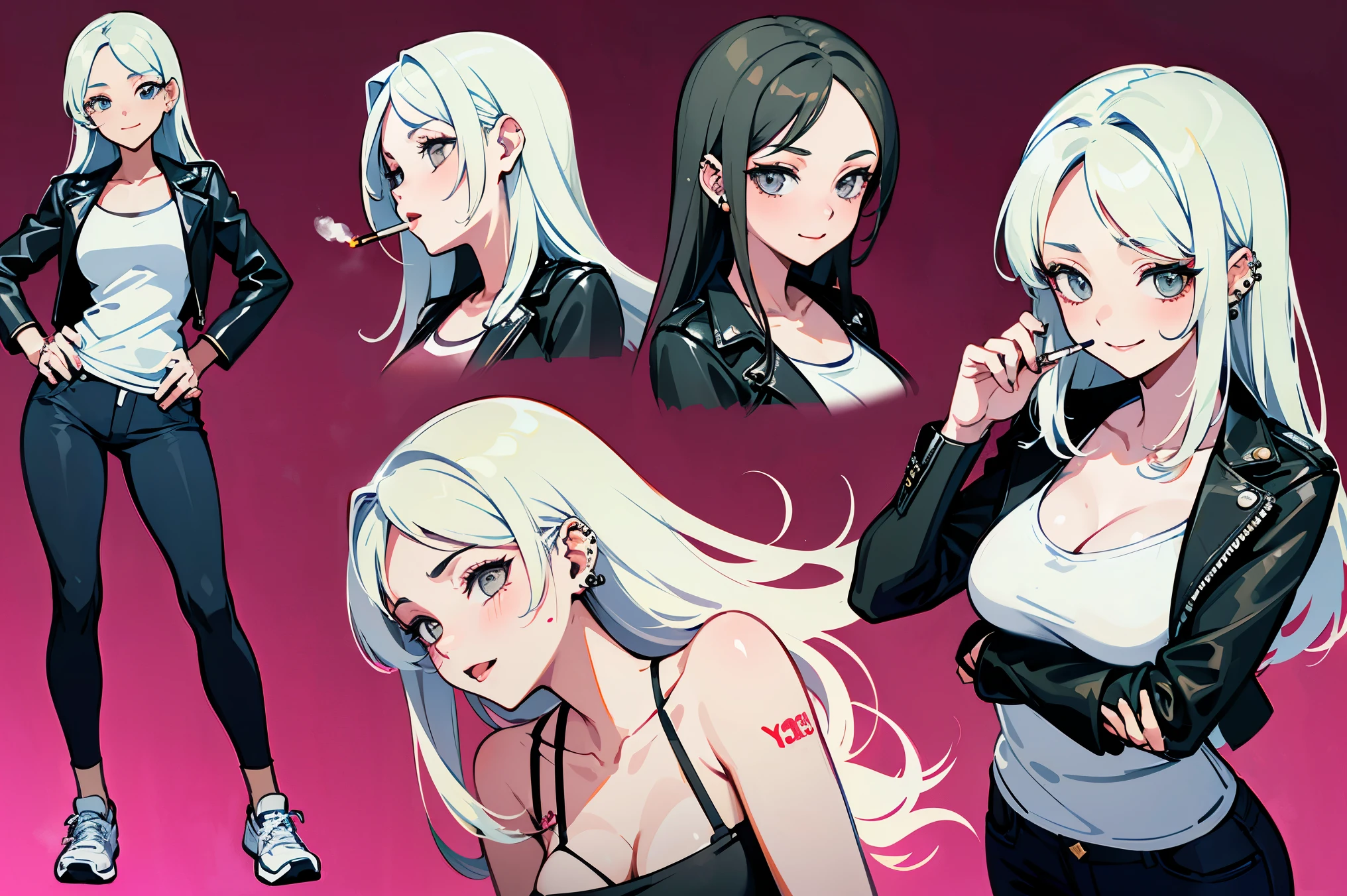 top quality, Detailed face, Character Sheet,(((Young woman:1.5))), ((whole body:1.2)), Full of details, Multiple postures and facial expressions, very detailed, Depth, ****ung woman, without bangs, (black long hair, Gray sexy eyes, Straight hair, Black T-shirt and Leather Jacket looks, medium breasts, High neckline, strap, tattoos, piercing, Skinny black jeans, White running shoes, Rocker style, sexy smile and pose,Discolored skin, smokes a cigarette