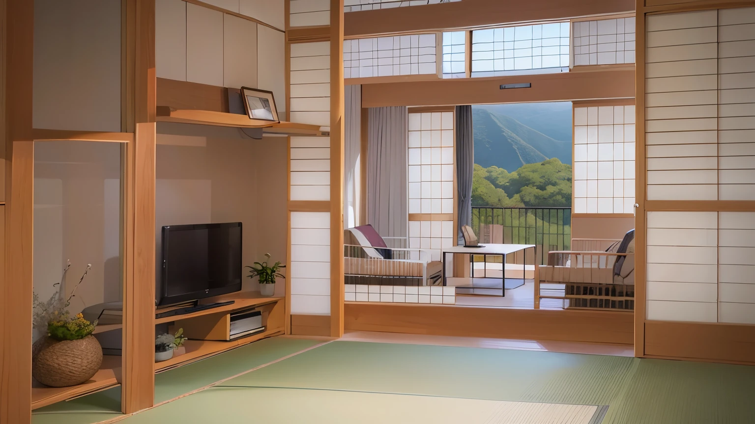 ryokan, scenery, table, tatami, door,