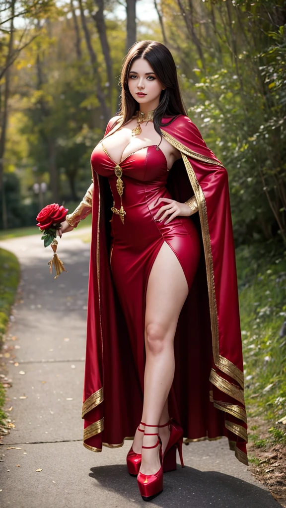(UHD,16K,RAW photo, high quality:1.2, masterpiece:1.2),(Full Body:1.5),(cute face:1.2),(huge breasts:1.2),(shiny gold high heels:1.2), is a woman in a pink riding hood holding a red rose, wearing a beautiful red cape, heart thief in the red riding hood, little red riding hood, fantasy character photo, character photography, portrait photo, High Quality Fantasy Stock Photo, inspired by Anne Stokes, fantasy photo shoot, Not style Anne Stokes, fantasy photography, inspired by Dorothy Hood,(Ultra-Wide Angle:1.2),(bokeh:1.2)