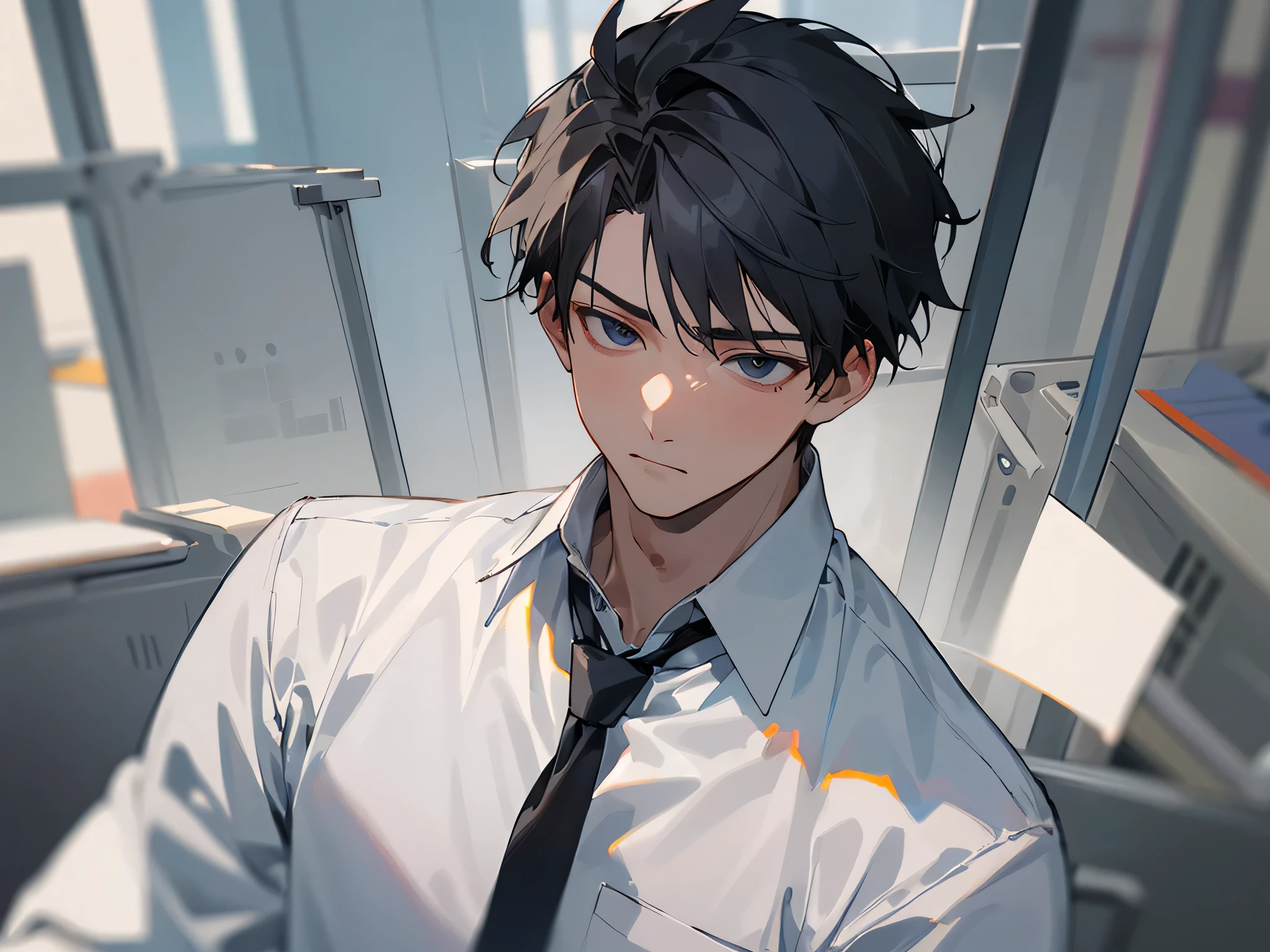 1boy,adult,Impatient expression,Business suit,whiteshirt,upper body,necktie,dull,pants,best quaity,employee,face detail,(background office)