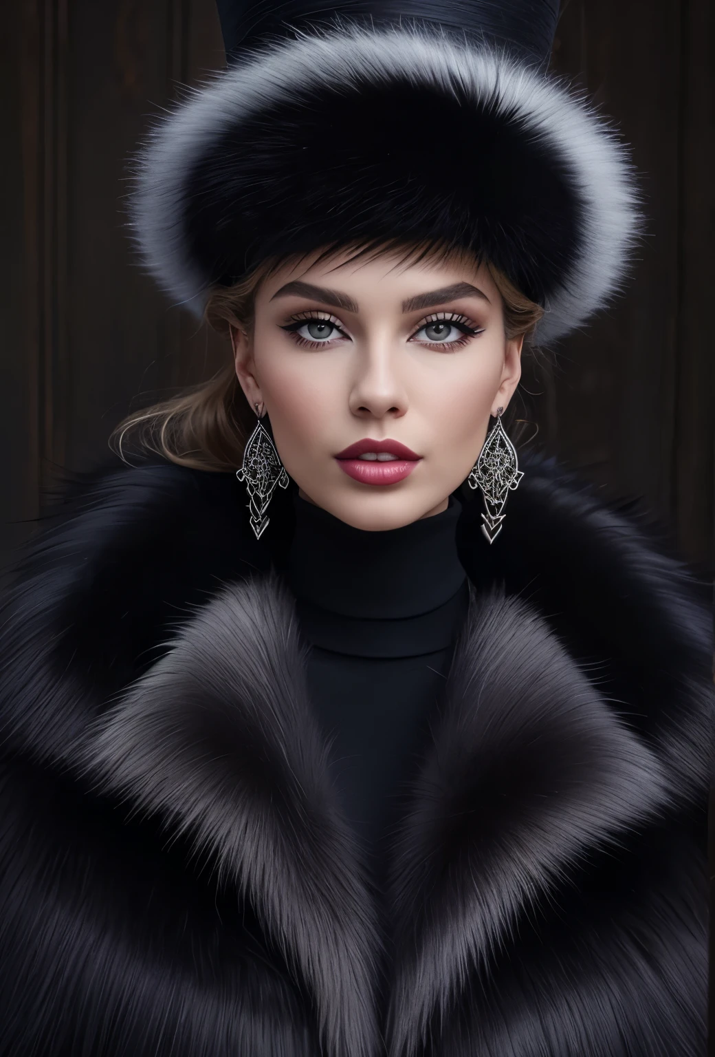 a close up of a woman wearing a black hat and earrings, sleek dark fur, black fur, Russian style, very beautiful fur, fine fur, Dasha Taran, dark fur, Fur details, top hat, Anastasia Ovchinnikova, black hat, synthetic fur, Elena Belova, wearing a top hat, Julia Gorokhova