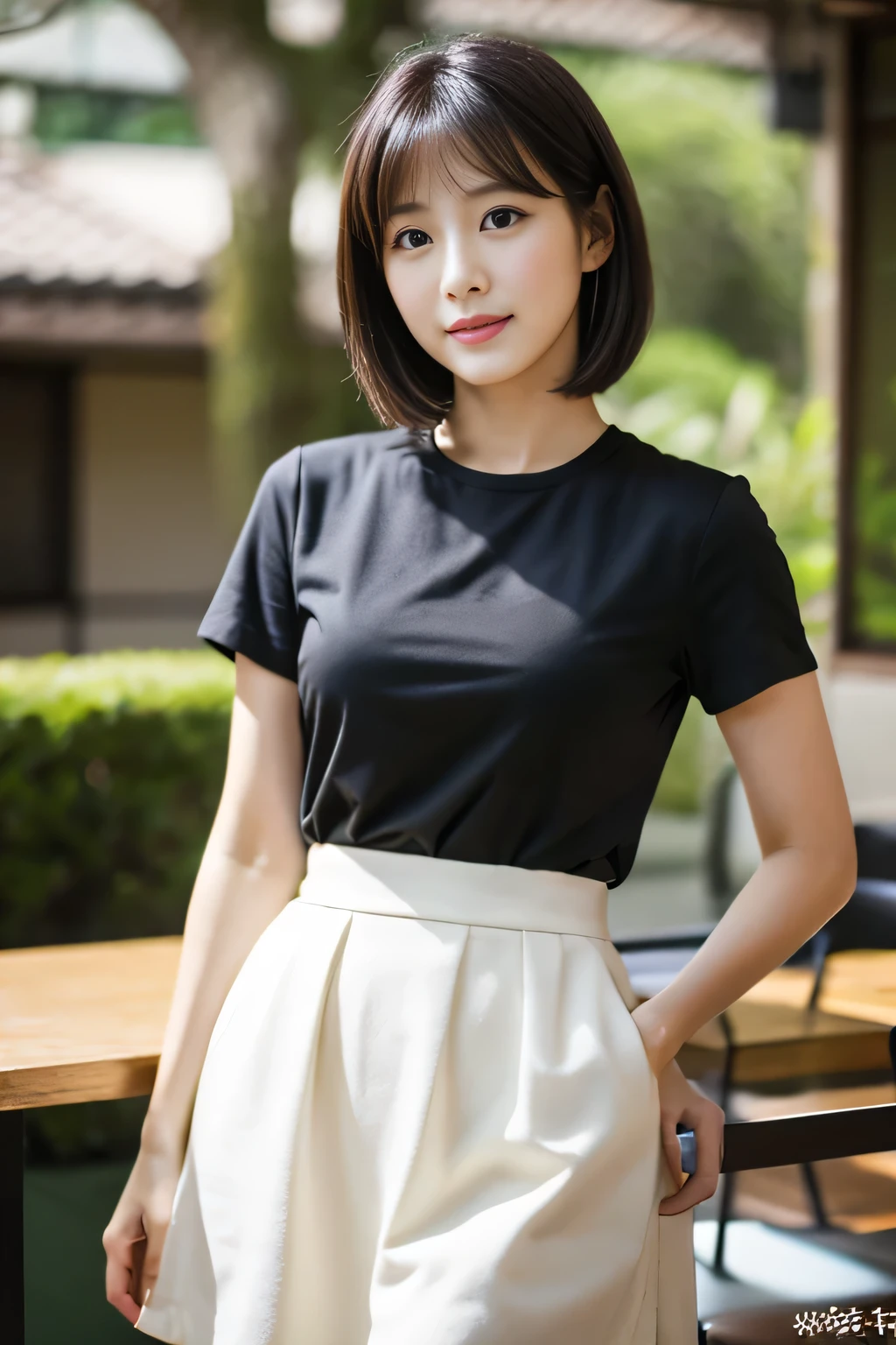 table top, highest quality, shape, Super detailed, finely, High resolution, 8k wallpaper, 完璧なダイナミックな構shape,Beautiful woman at 30 years old,sexy,Japanese、short cut hair、black shirt、white skirt