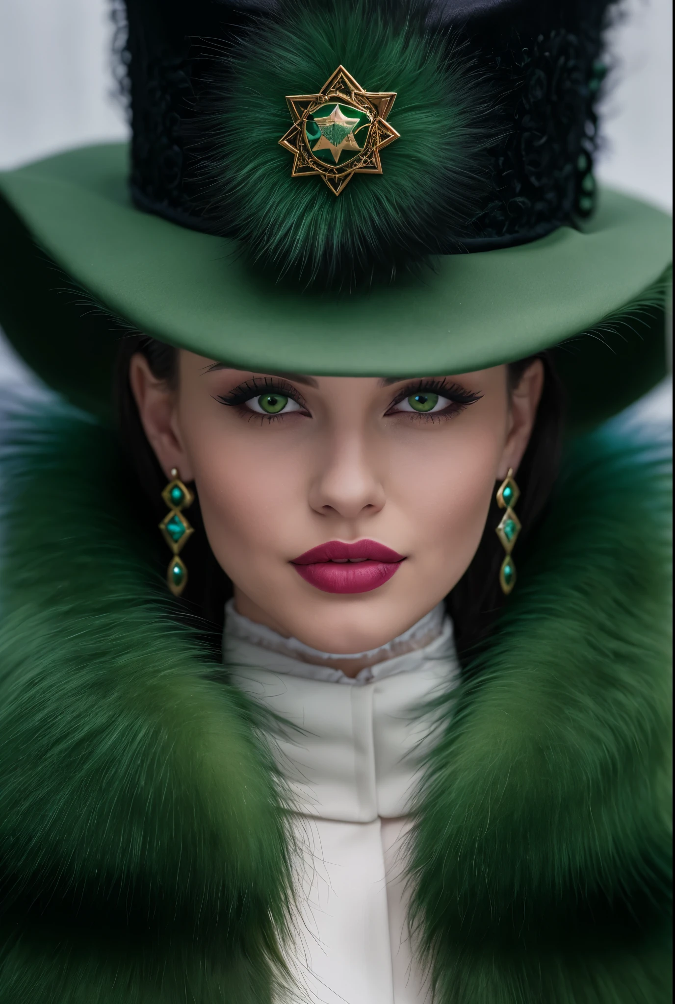 a close up of a woman wearing a Green hat and earrings, sleek dark fur, Green fur, Russian style, very beautiful fur, fine fur, Dasha Taran, dark fur, Fur details, top hat, Anastasia Ovchinnikova, Green hat, synthetic fur, Elena Belova, wearing a top hat, Julia Gorokhova