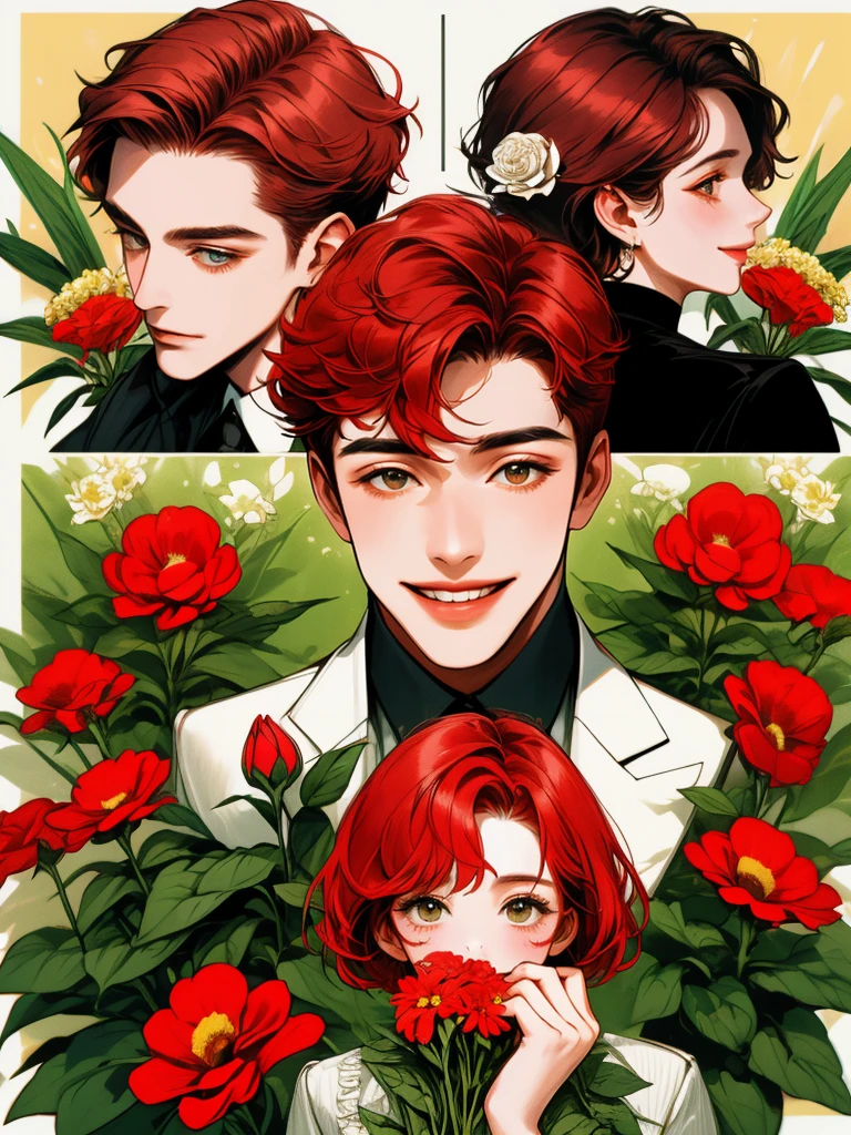 masterpiece, collage of a man holding flowers, short red hair, happy, colorful flowers