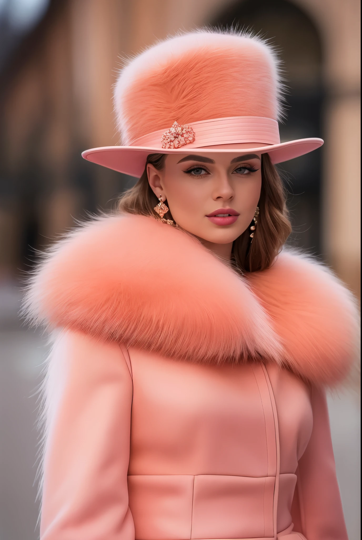 a close up of a woman wearing a Salmon Pink hat and earrings, sleek dark fur, Salmon Pink Fur, Russian style, very beautiful fur, fine fur, Dasha Taran, dark fur, Fur details, top hat, Anastasia Ovchinnikova, Salmon Pink hat, synthetic fur, Elena Belova, wearing a top hat, Julia Gorokhova