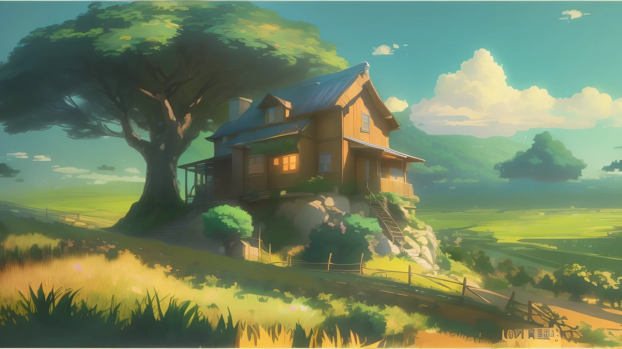 Anime style house on a hill with trees and fence, anime countryside landscape, Anime background art, ghibli studio anime style, studio ghibli environment, ghibli art style, studio ghibli art style, ghibli studio style, anime sceneryのコンセプトアート, colorful anime movie background, studio ghibli landscape, Anime Rush John 8K Forest, studio ghibli sunlight, 美しいanime scenery, anime scenery