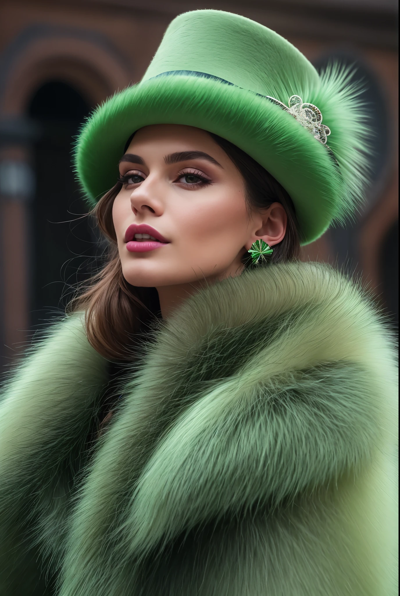 a close up of a woman wearing a Light Green hat and earrings, sleek dark fur, Light Green Fur, Russian style, very beautiful fur, fine fur, Dasha Taran, dark fur, Fur details, top hat, Anastasia Ovchinnikova, Light Green hat, synthetic fur, Elena Belova, wearing a top hat, Julia Gorokhova