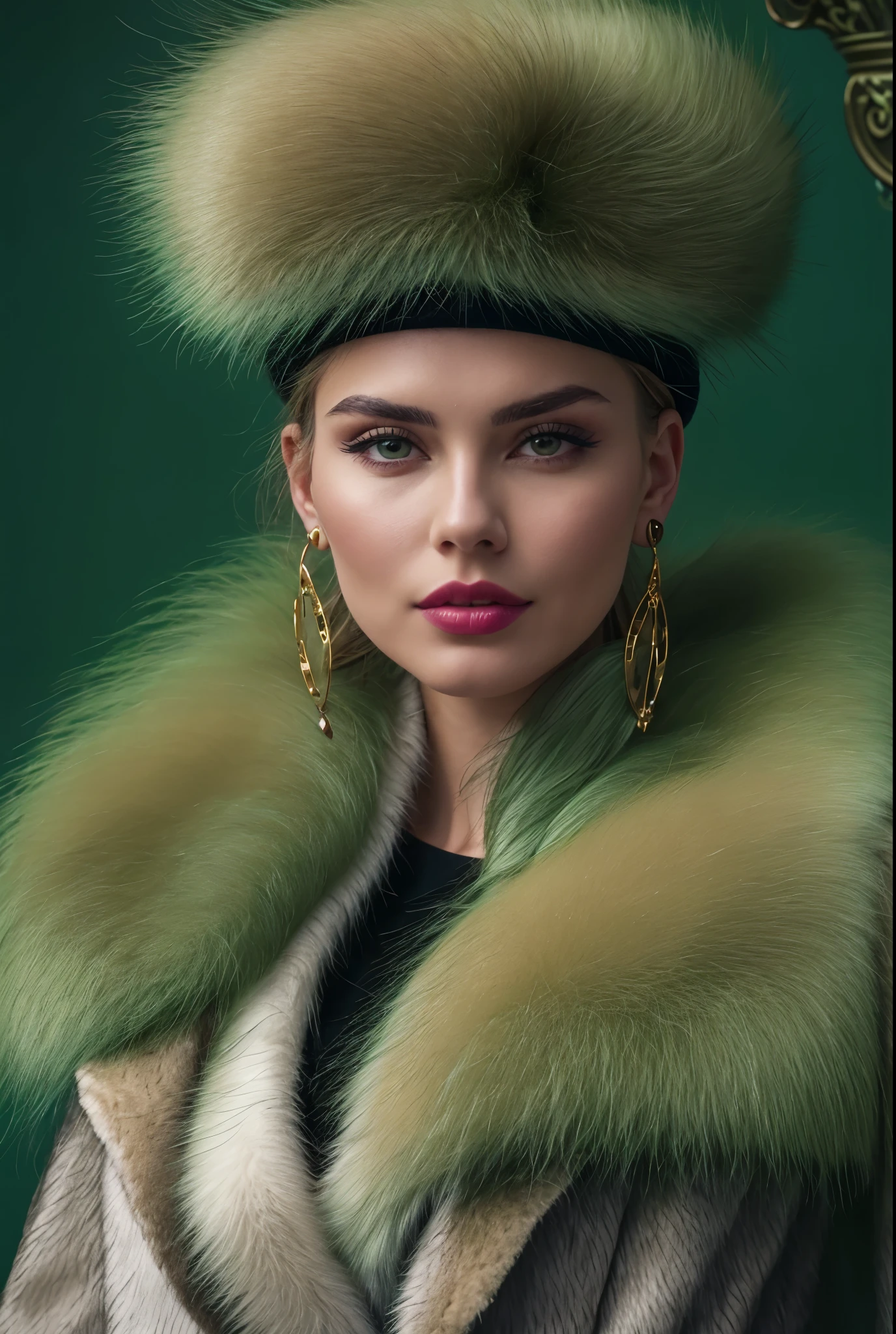 a close up of a woman wearing a Light Green hat and earrings, sleek dark fur, Light Green Fur, Russian style, very beautiful fur, fine fur, Dasha Taran, dark fur, Fur details, top hat, Anastasia Ovchinnikova, Light Green hat, synthetic fur, Elena Belova, wearing a top hat, Julia Gorokhova