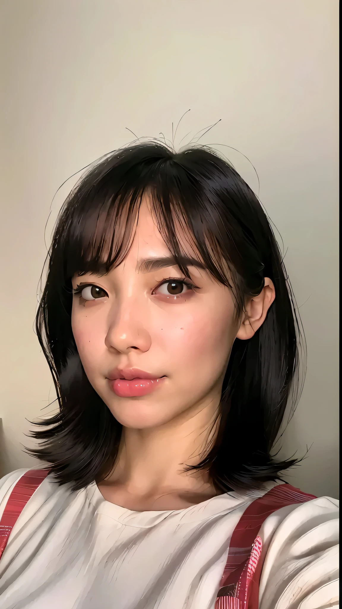 There is a woman taking a photo wearing a white shirt and red suspenders.., cute realistic portrait, with short hair, cute natural anime face, young adorable japanese face, Mana Ashida, anime realism style,Anne Hathaway、jennifer connelly、 Chiho, With a round face, realistic anime face, 🤤 girl portrait, neat hair with bangs