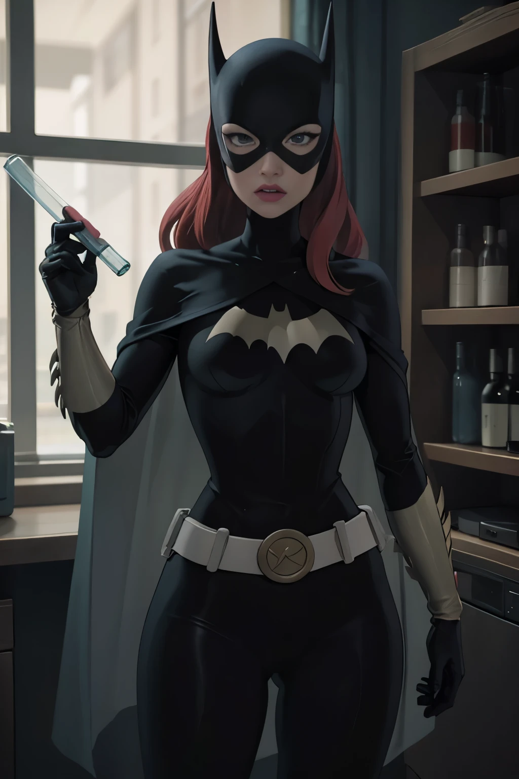 masterpiece, best quality, 1girl, solo, highres, scenery,
CARTOON_batgirl_ownwaifu,www.ownwaifu.com,mask,long hair,blue eyes,bodysuit,breasts,cape,domino mask,belt,breasts,superhero,gloves,lips,black bodysuit,helmet,belt buckle,horns,bat_print,pouch,((very small breasts )) ,woman ,3D,vfx,weak unhealthy ,((very thin)) (SlightMuscle:1.2) ((green test tube)) (in the lab) holding a glass
