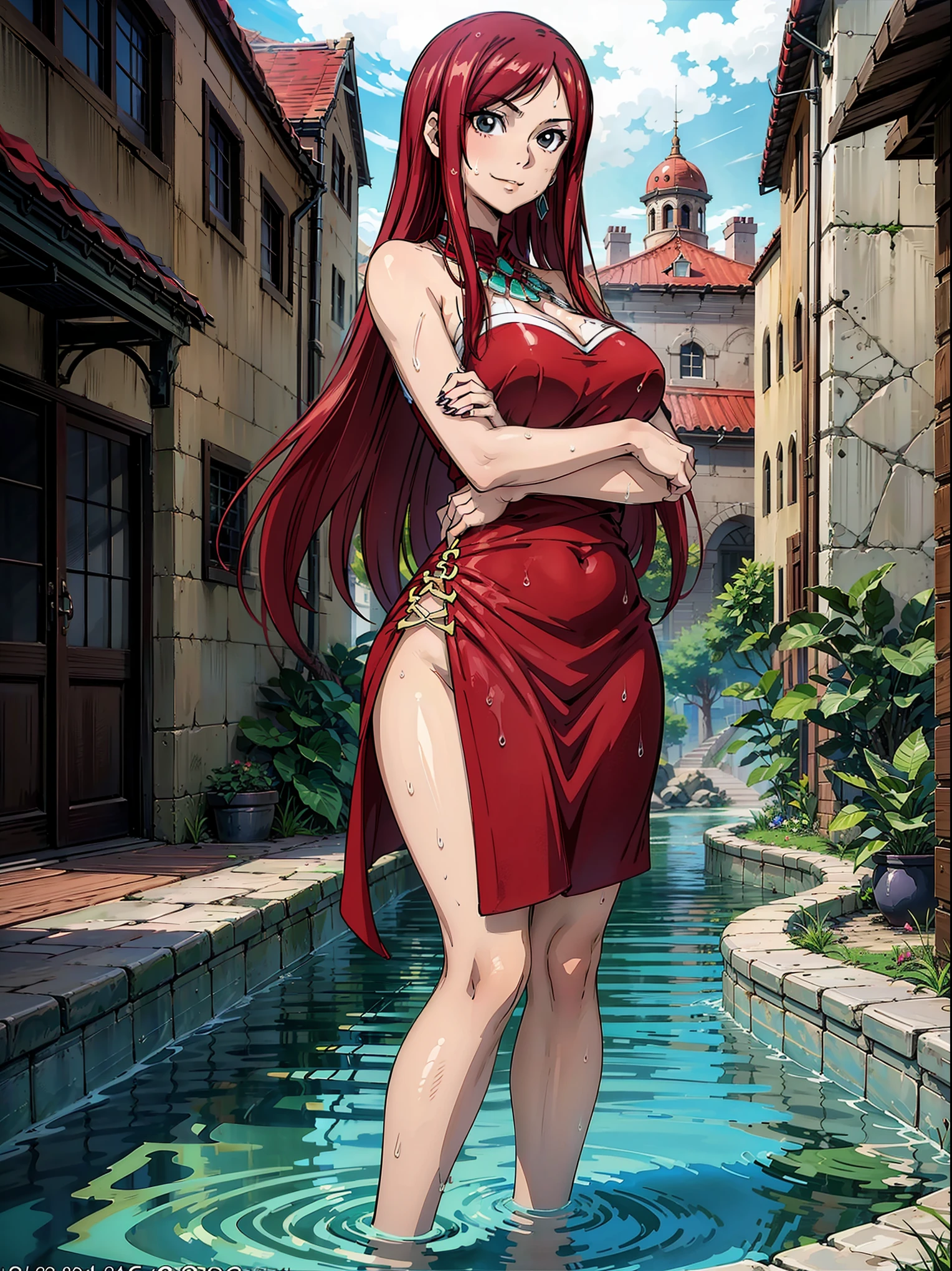 uzumaki_Kushina, Red dress, red hair, large breasts, hands on breast, pawg, hiquality, BEAUTIFUL POSE, time, drip, Coachella, Florida, stream, F4
The Perfect Face, symmetric eyes, the perfect body, highly detailed skin, 独奏, full - body, standing straight, looking forward, pyramid, wide hips, an oasis, looking a viewer, viewpoint, Smile, Happy, Professional photography, 8K, RAW photo, Best Quality, Masterpiece, photo-realistic, Highly detailed, Cinematic lighting, sharp-focus, dslr, High Resolution, Photorealistic, wet skin, Water Kapaya, sparkly skin,