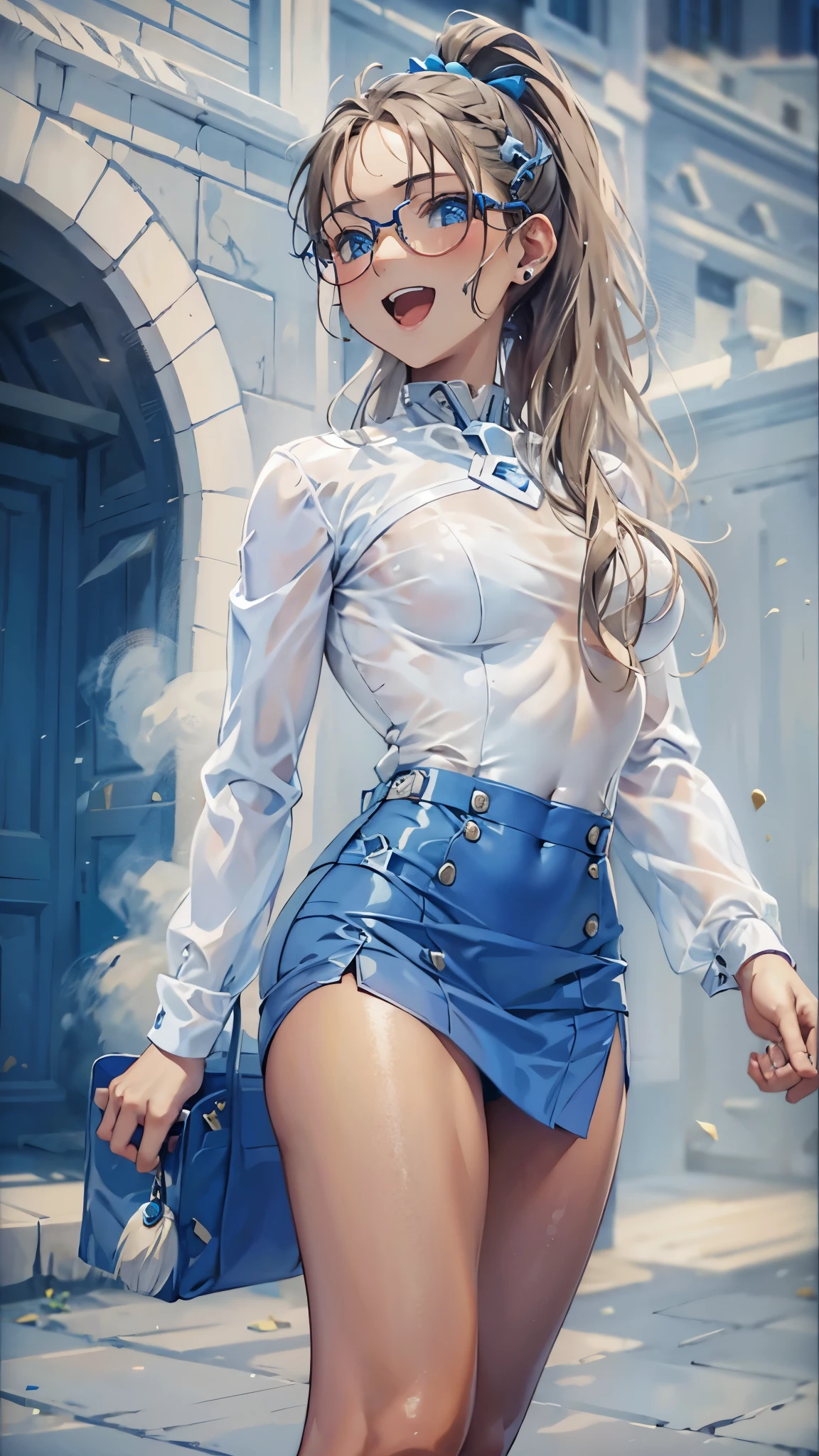woman,14 years old,graduate School,(((white and blue tight miniskirt bodysuit))),,open mouth smile((See-through))glasses,((beautiful long ponytail)),((Baby girl body shape))