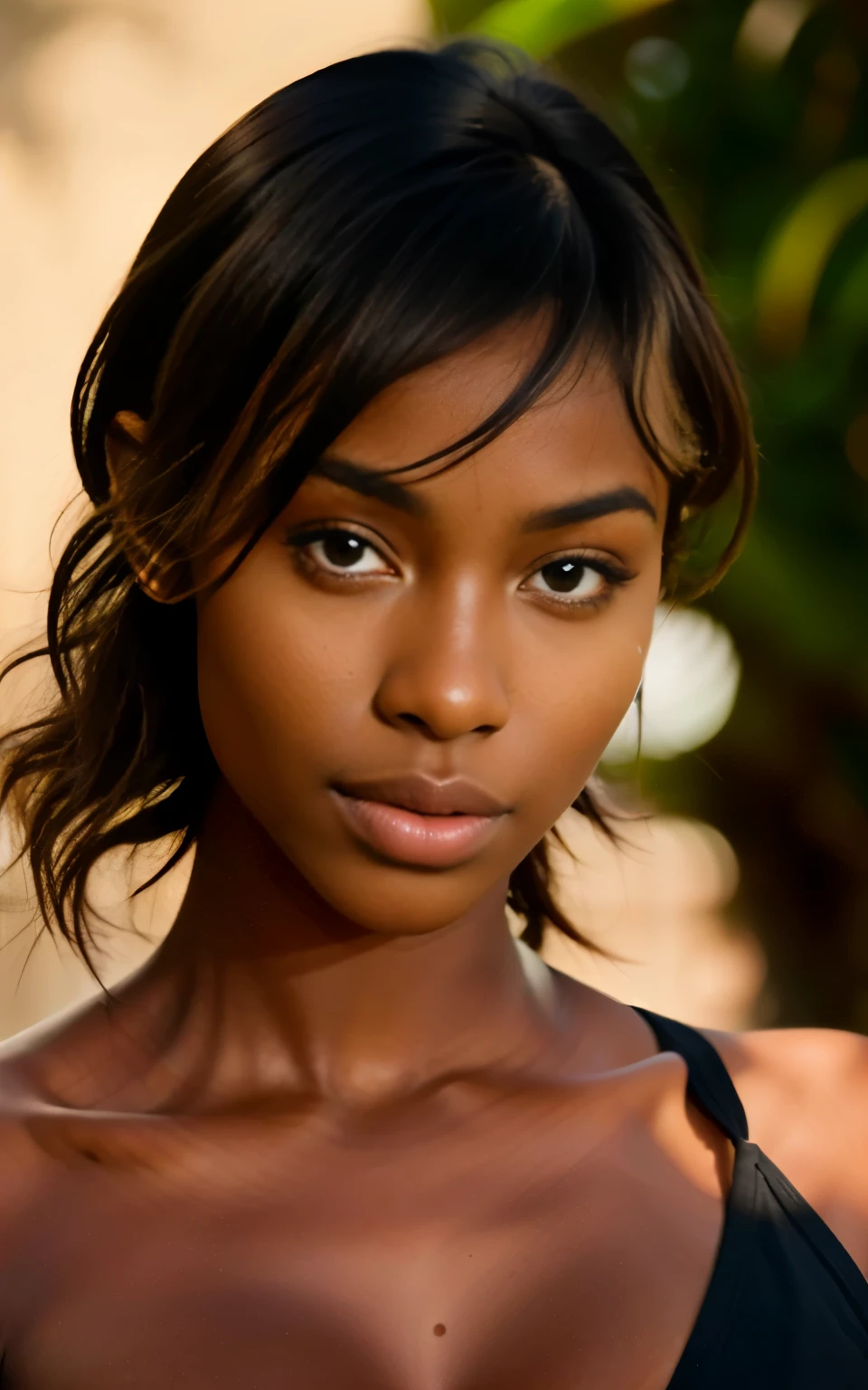 Beautiful young girl with dark skin , very pretty perfect face, with slanted eyes, les yeux marrons vert, un nez parfait , une jolie bouche pulpeuse, very realistic, HD, 4K, dark skin 