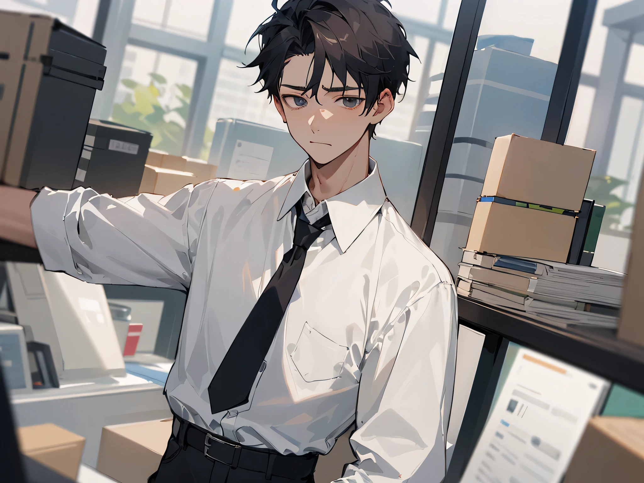 1boy，adult，tired expression，Business suit，whiteshirt，upper body,necktie，pants，best quaity，employee，face detail，office,(background office)