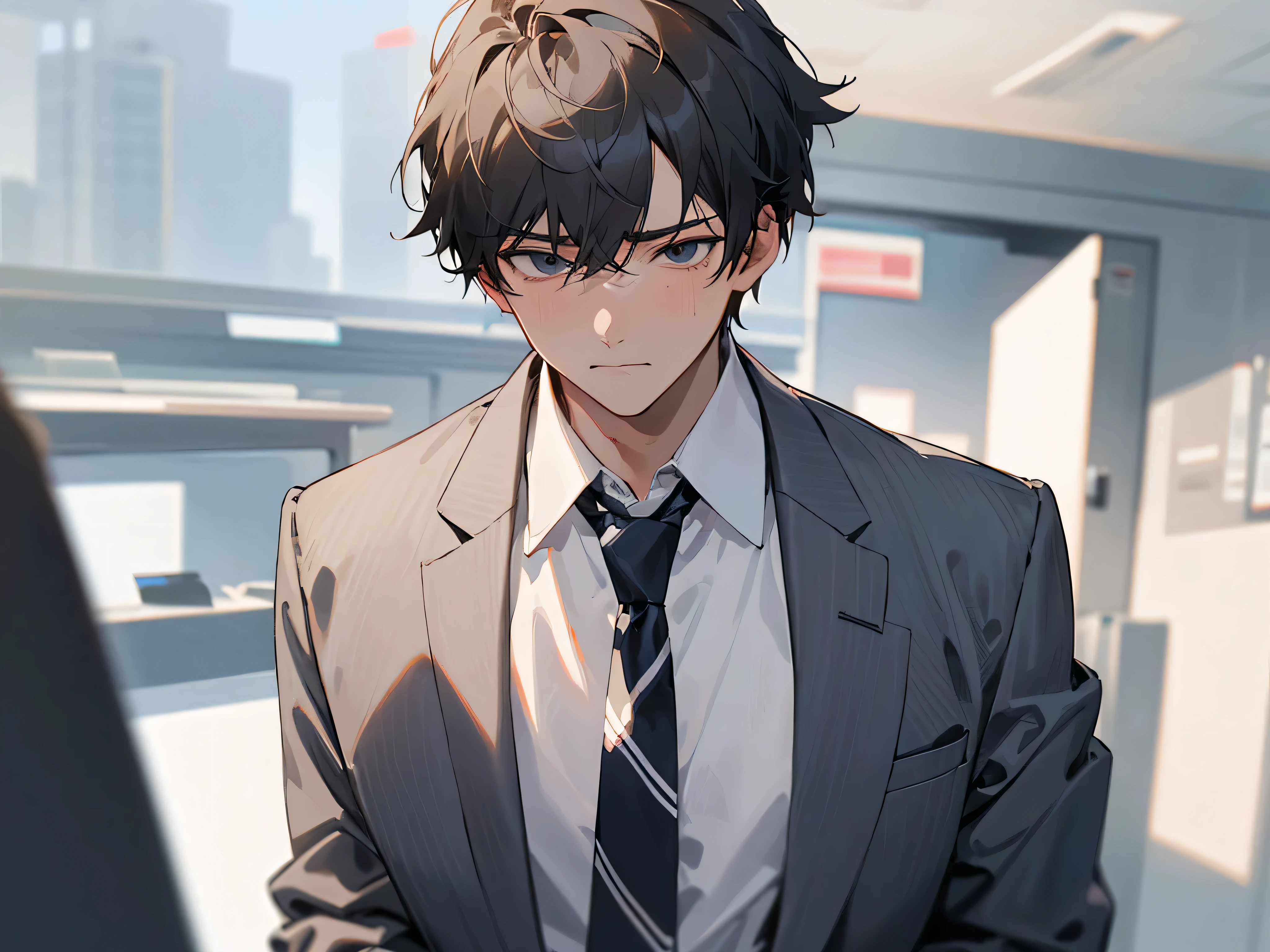 1boy,adult,tired expression,Business suit,whiteshirt,upper body,necktie,pants,best quaity,employee,face detail,office,(background office)