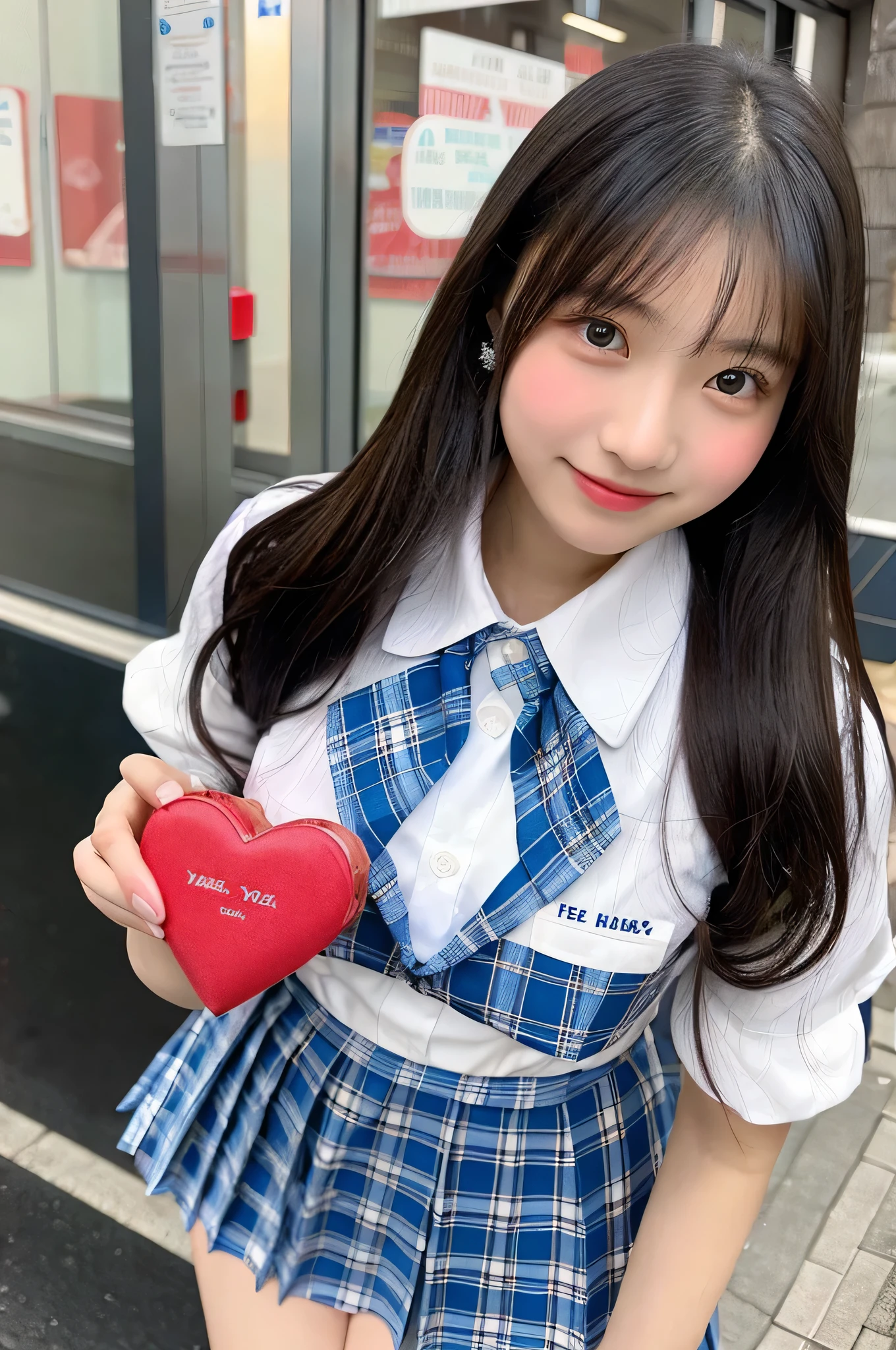 Hold Valentine's Day's day chocolate in both hands、high school girl, 18-year-old, She is wearing a light blue plaid miniskirt and a white dress shirt..(long black hair)